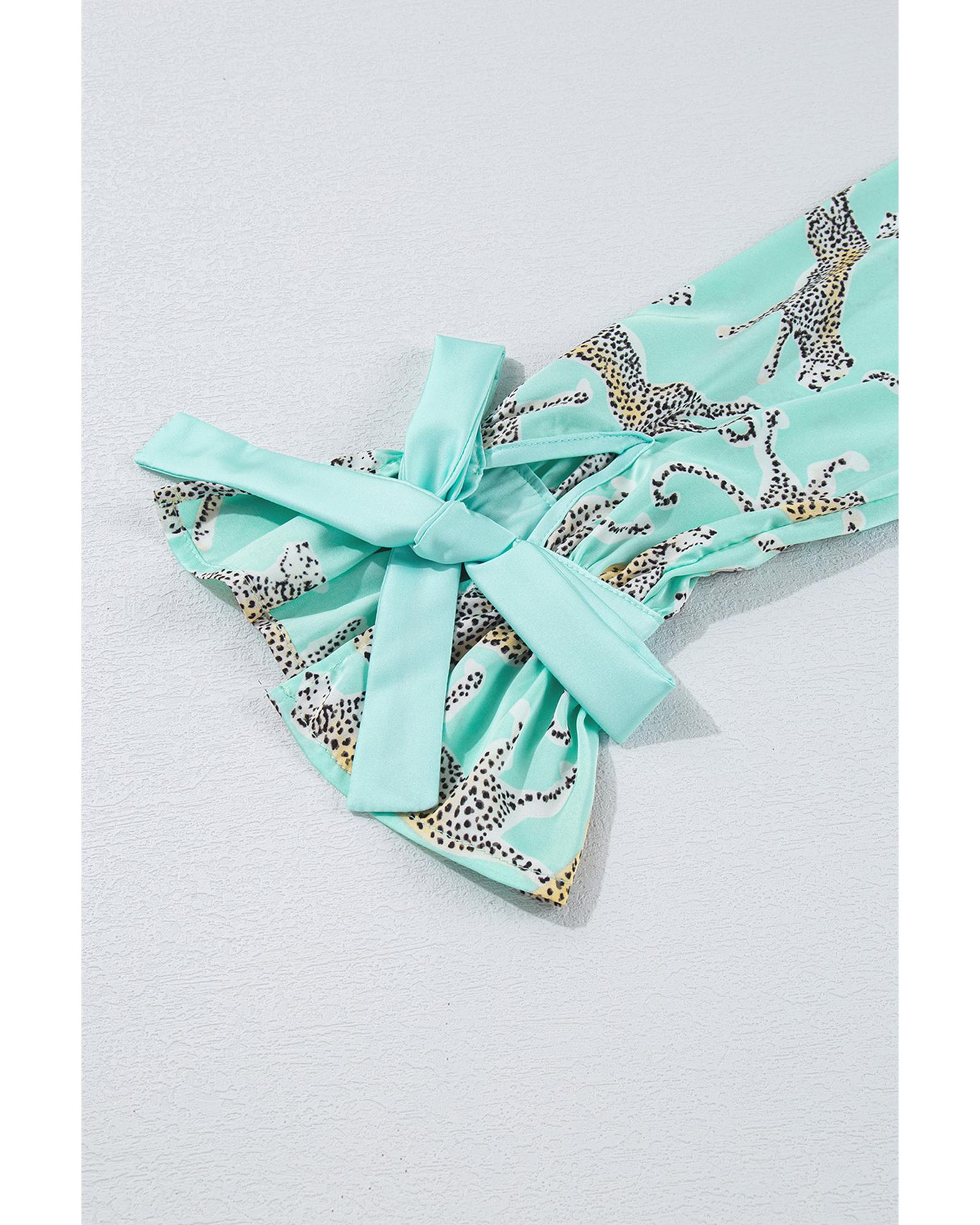 V539-AZEXDC151102-P920-L-202508271445-00 Green Leopard Satin Ruffle Pajama Short Set - L - Image 1