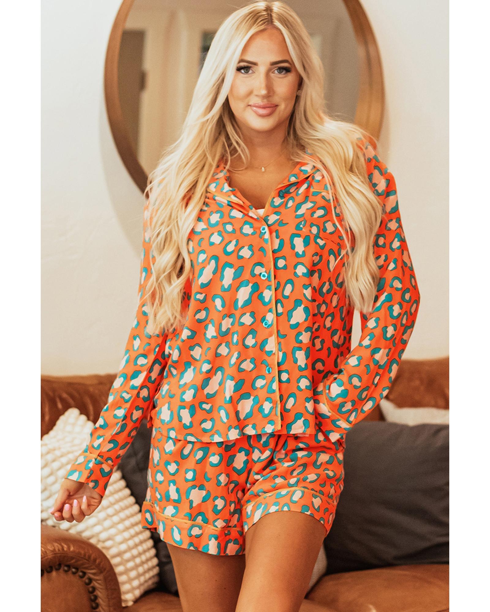 V539-AZEXDC151110-P1420-XL-202508270755-00 Orange Leopard Print Long Sleeve Shirt and Shorts Pajama Set - XL - Image 1