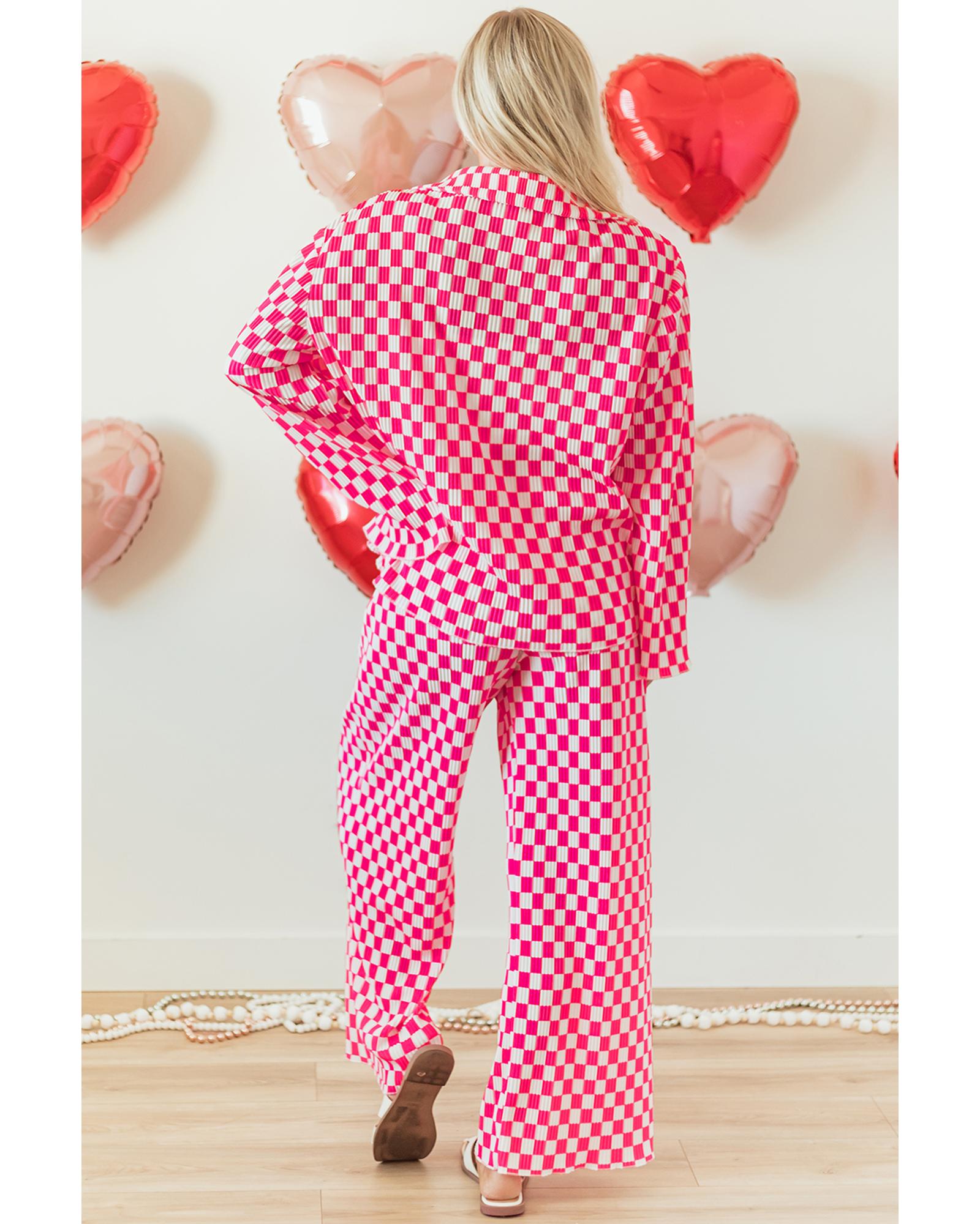 V539-AZEXDC151111-P1020-M-202508271010-00 Pink Checkered Buttoned Shirt and High Waist Pants Pajama Set - M - Image 1