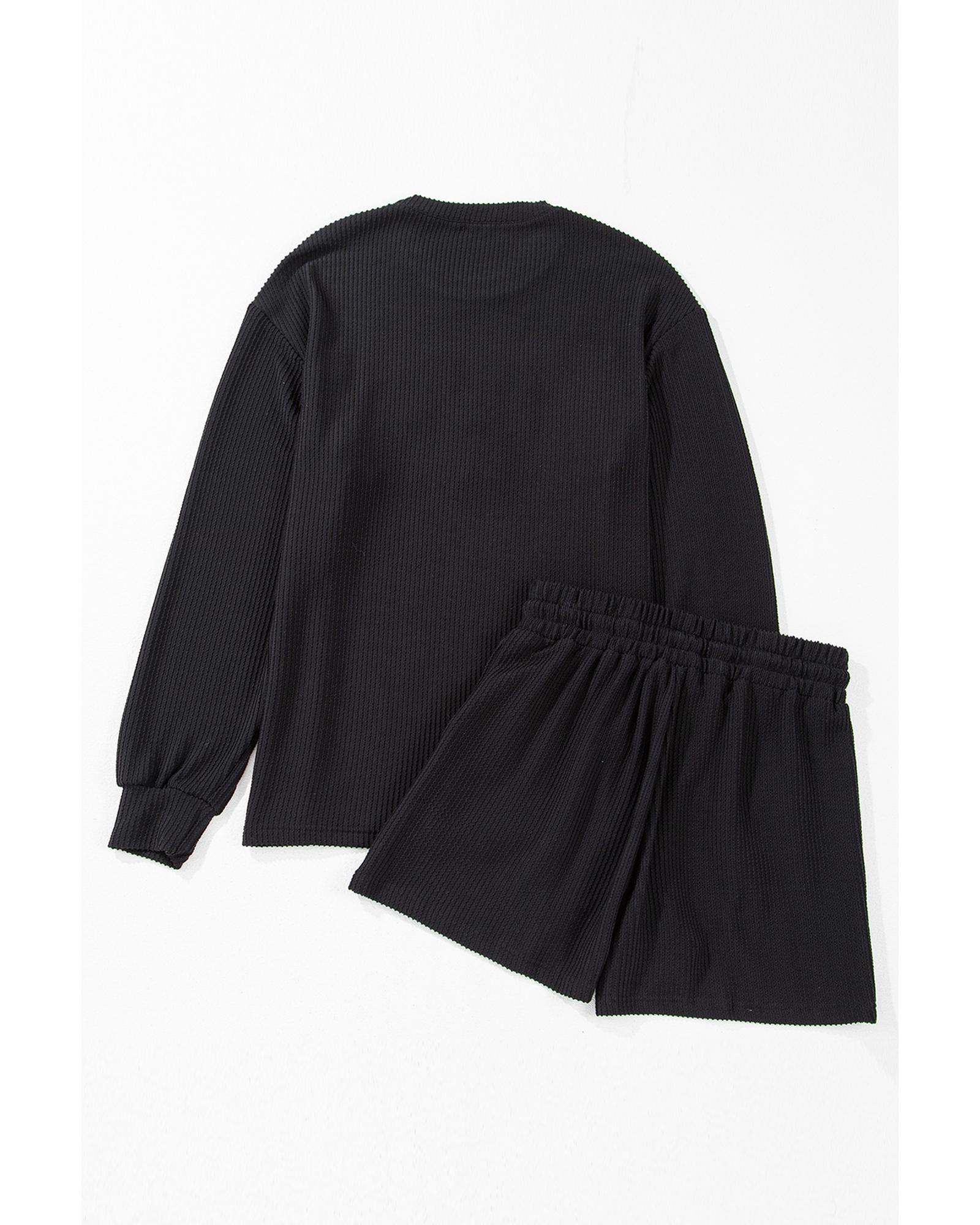 V539-AZEXDC151125-P2-L-202508271630-00 Black Corded MERRY Graphic Long Sleeve Top and Shorts Set - L - Image 1