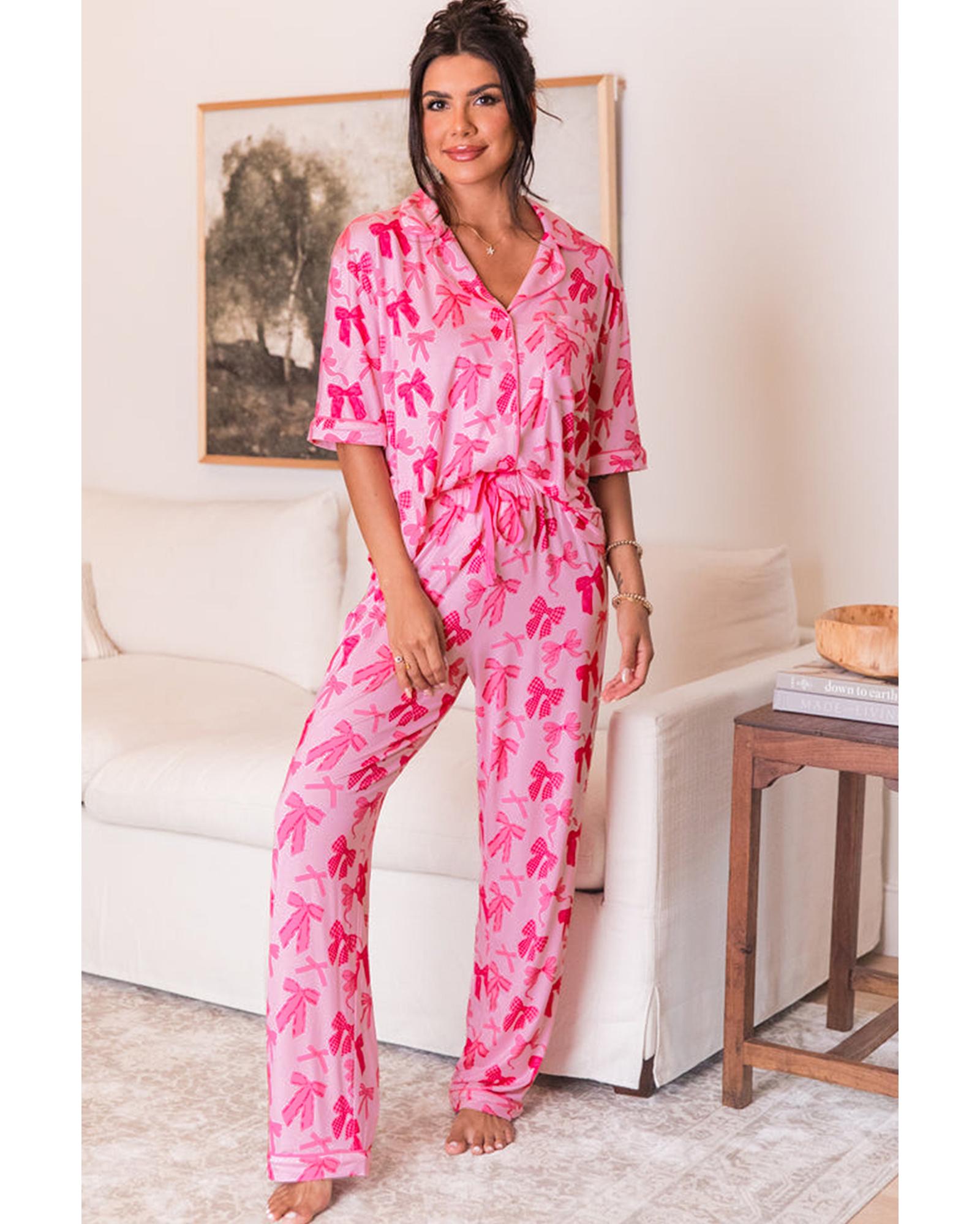 V539-AZEXDC151127-P1020-L-202508272240-00 Pink Bow Knot Print Lapel Collar Short Sleeve and Pants Pajamas Set - L - Image 1