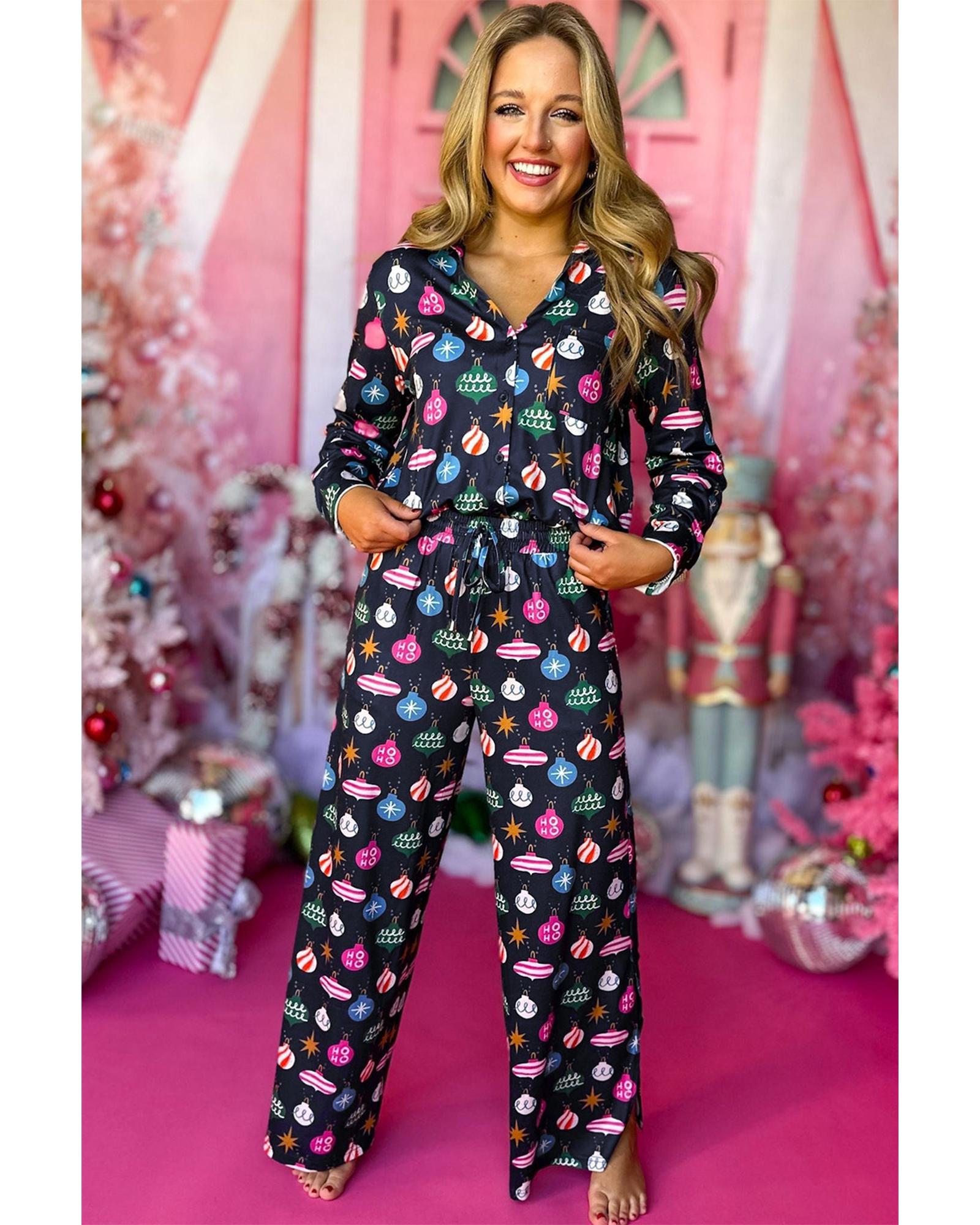 V539-AZEXDC151129-P605-L-202508270755-00 Navy Blue Colorful Christmas Lights Print Shirt and Pants Pajama Set - L - Image 1