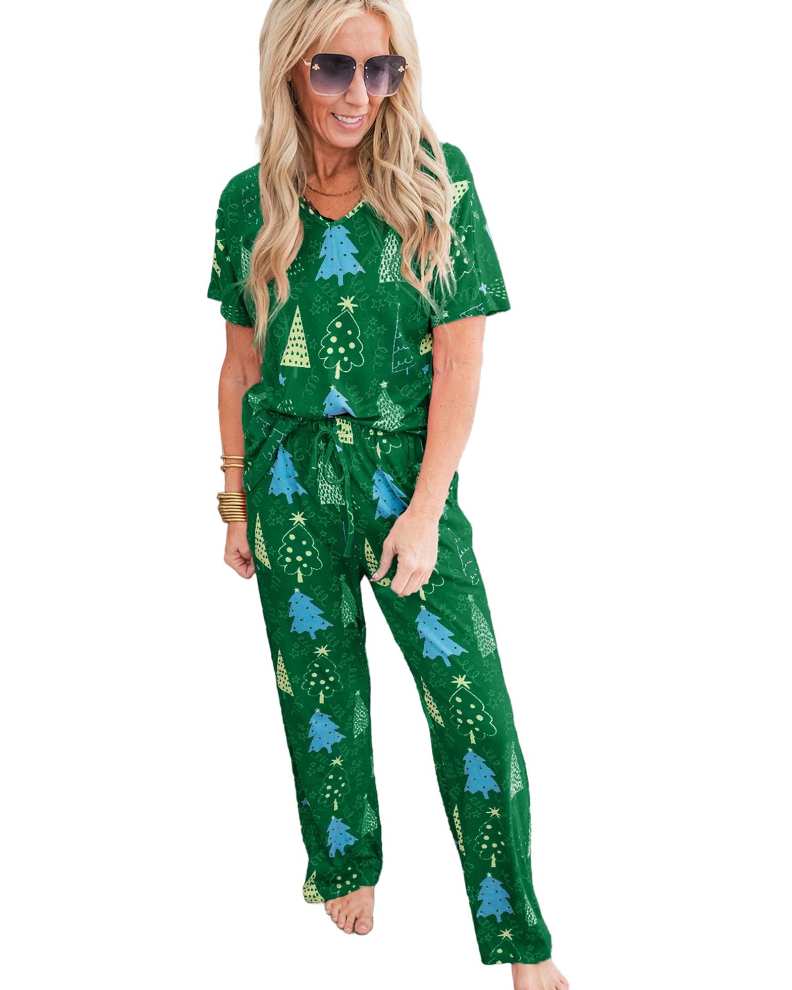 V539-AZEXDC151137-P920-L-202508272100-00 Green Christmas Tree Print V Neck Tee and Pants Lounge Set - L - Image 1