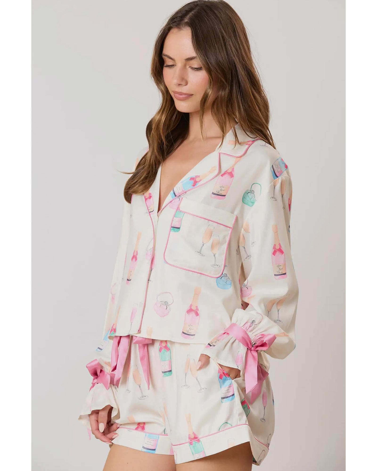 V539-AZEXDC151149-P120-2XL-202508271506-00 Azura Exchange White Christmas Wine Glass Print Bow Knot Two Piece Pajama Set - 2XL - Image 1