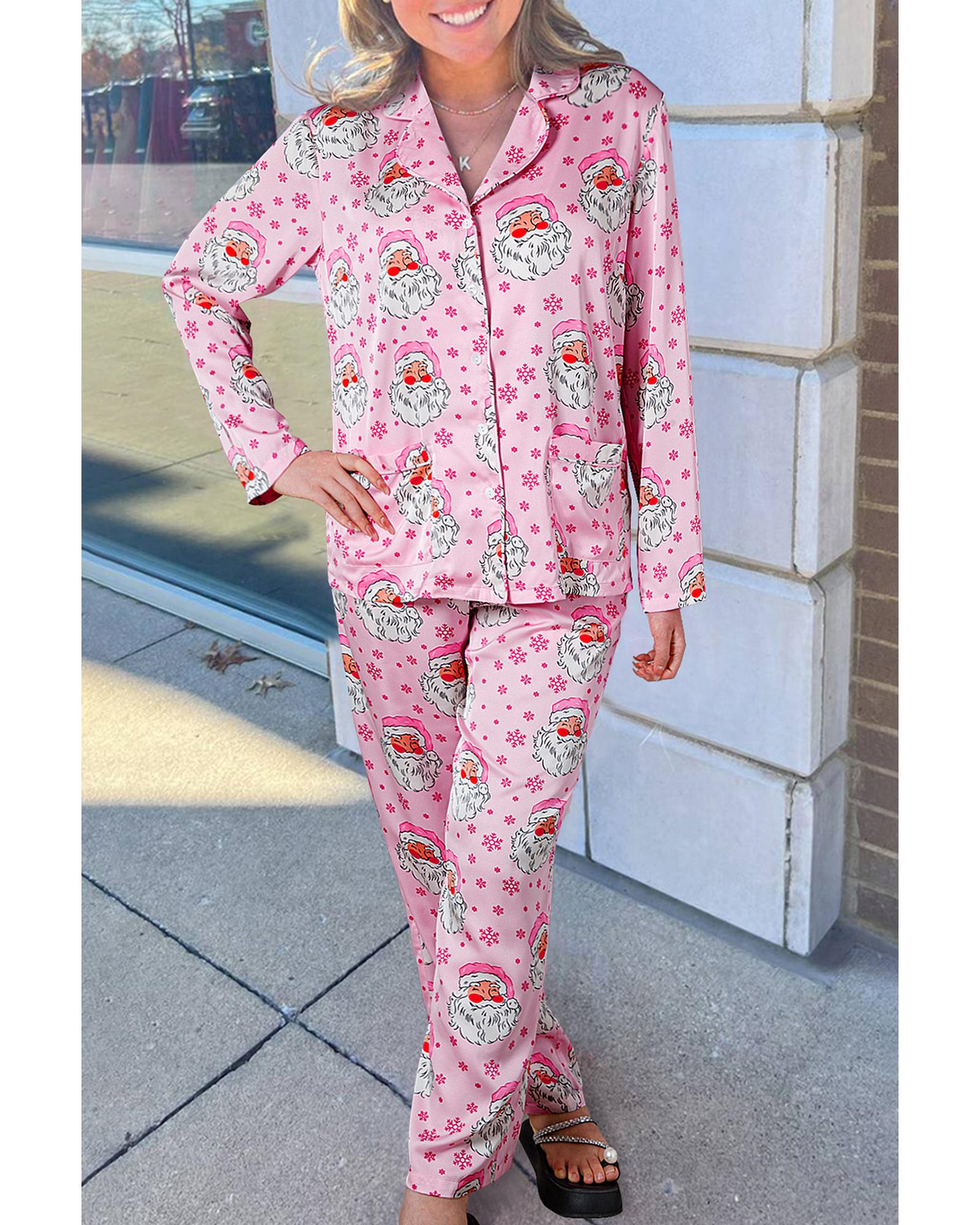 V539-AZEXDC151272-P1020-S-202508271920-00 Pink Santa Claus Snowflake Long Sleeve Shirt Christmas Pajama Set - S - Image 1
