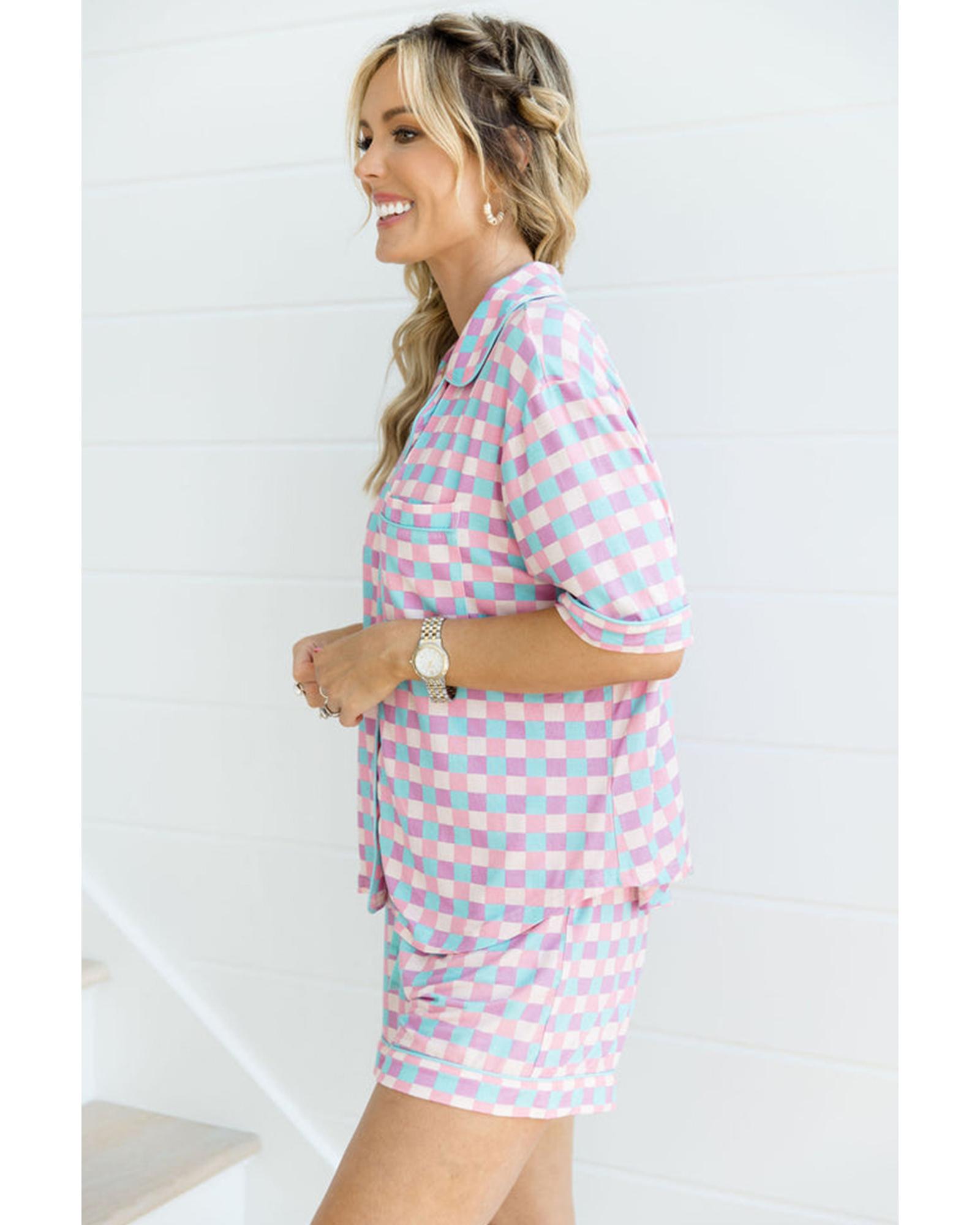 V539-AZEXDC151282-P820-XL-202508270300-00 Purple Checkered Pattern Short Sleeve Pajamas Set - XL - Image 1