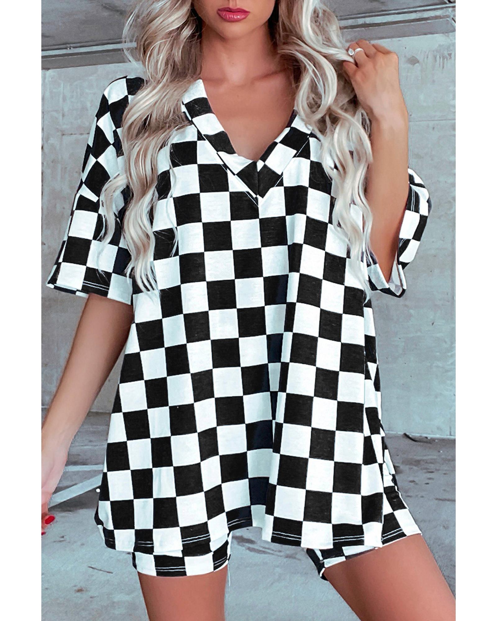 V539-AZEXDC151289-P220-S-202506112026-00 Black Checkerboard Print V Neck Loose Tee and Shorts Lounge Set - S - Image 1