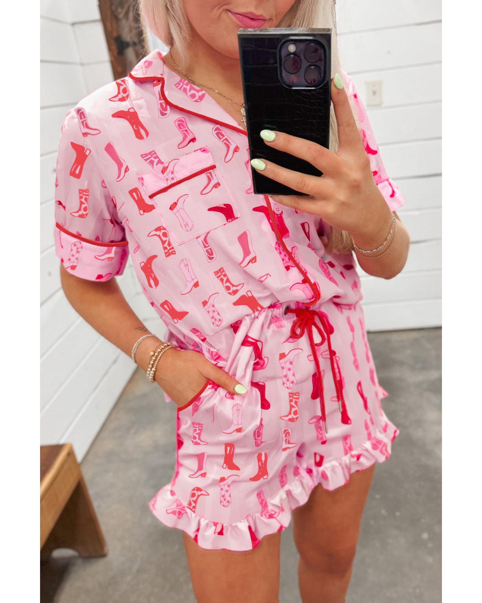 V539-AZEXDC151319-P1020-S-202506112110-00 Pink Western Cowgirl Boots Printed Shirt Ruffled Shorts Pajama Set - S - Image 1