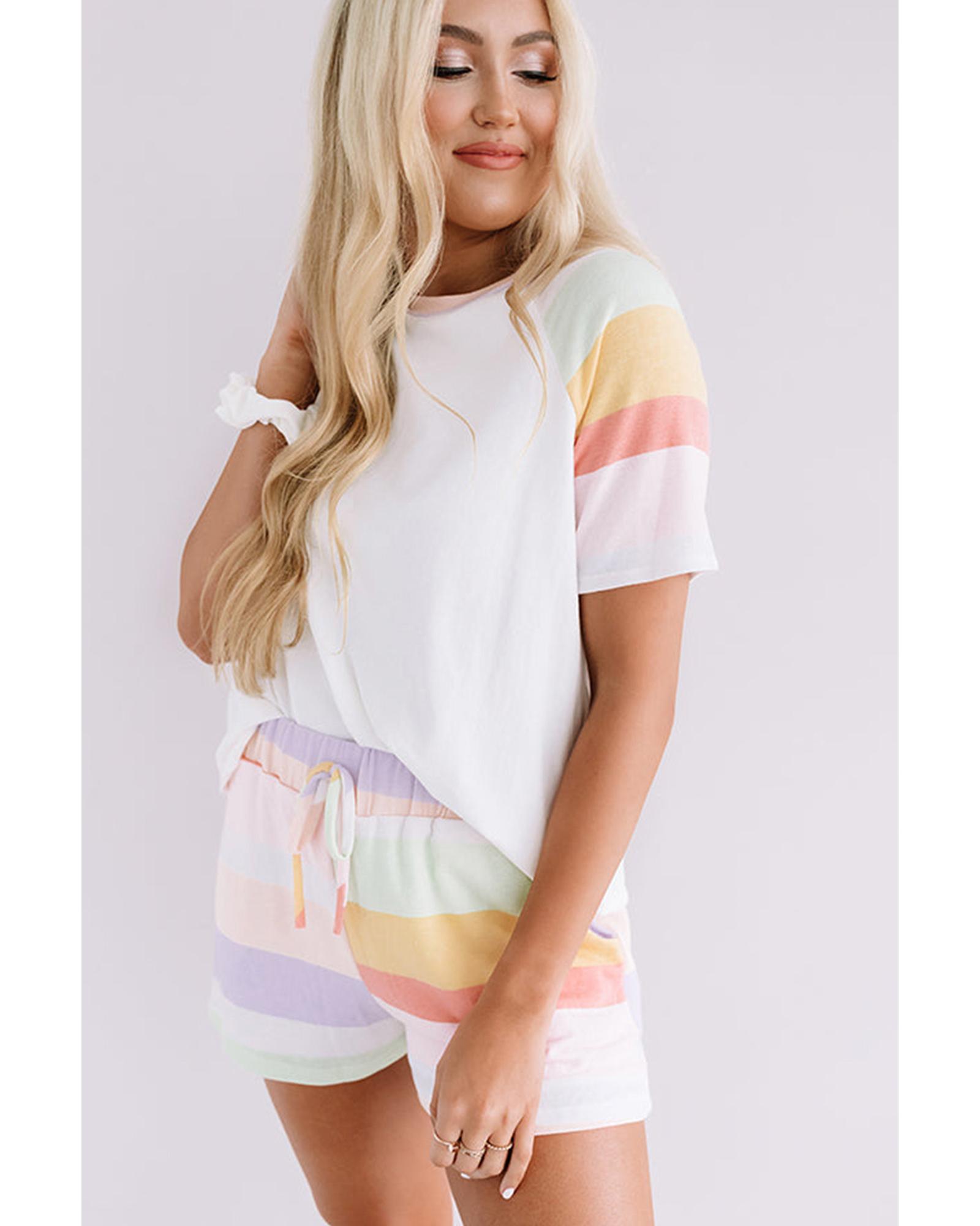 V539-AZEXDC151367-P1-L-202508270240-00 White Rainbow Striped T Shirt and Shorts Set - L - Image 1
