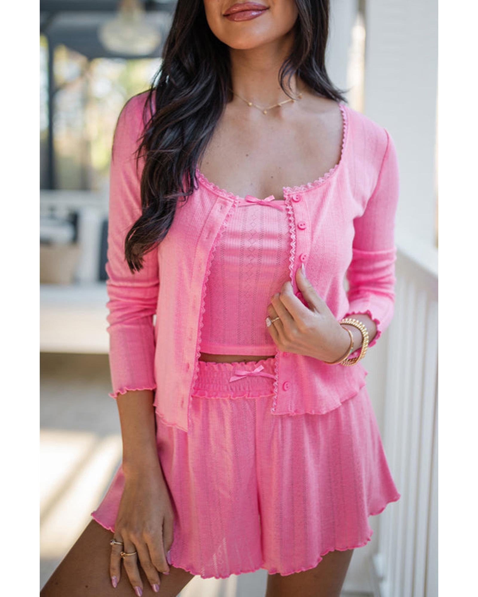 V539-AZEXDC151407-P3010-L-202508270930-00 Bonbon Delicate Texture Cropped Cami Shorts and Cardigan 3pcs Lounge Set - L - Image 1