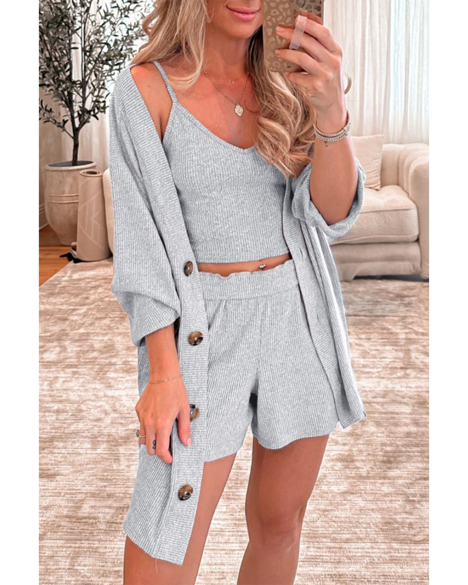 V539-AZEXDC151427-P1011-XL-202508271810-00 Light Grey 3 Pieces Rib Crop Camisole Matching Shorts Lounge Set with Cardigan - XL - Image 1