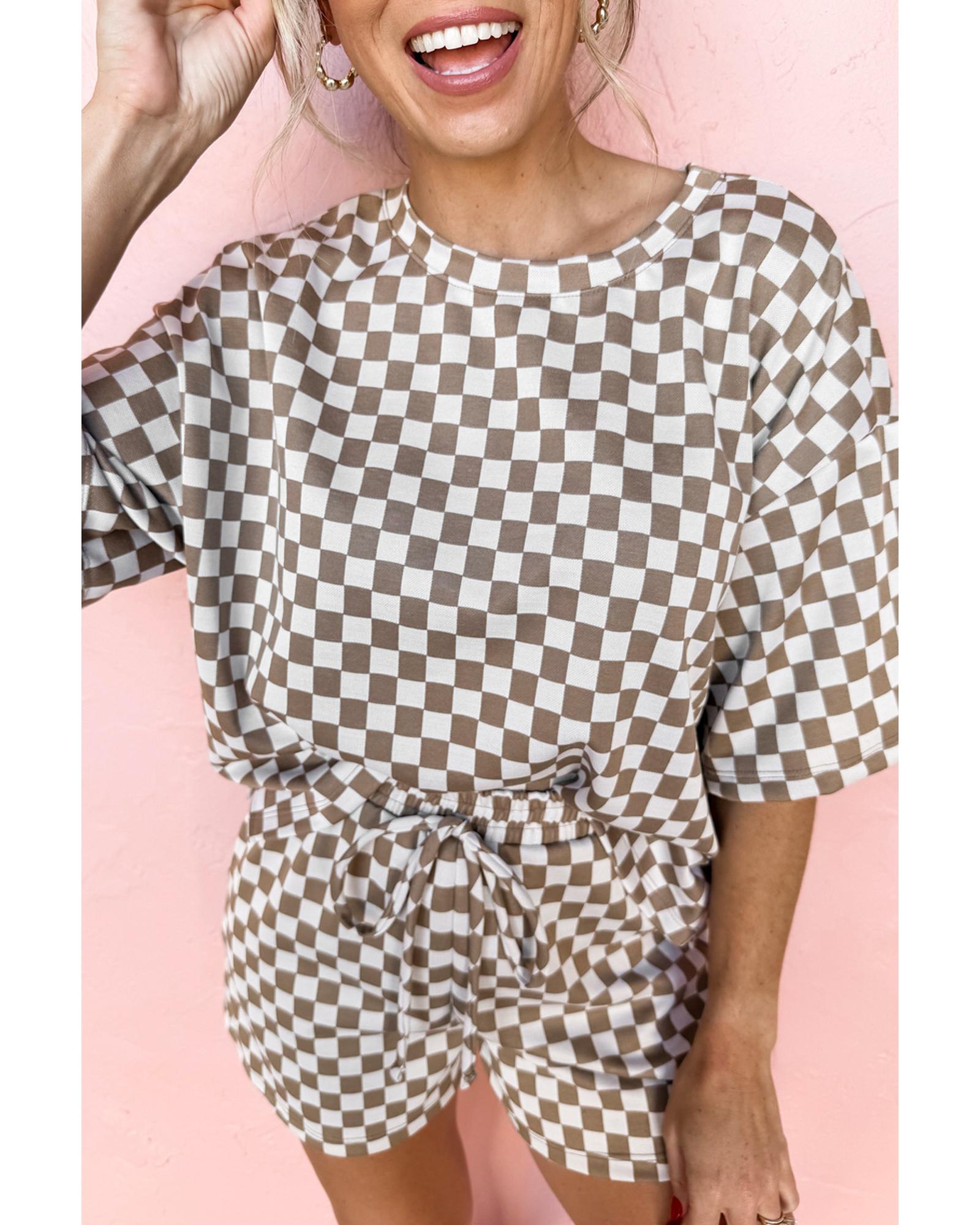 V539-AZEXDC151440-P1720-M-202508270630-00 Brown Checkered Top and Short Casual 2pcs Set - M - Image 1
