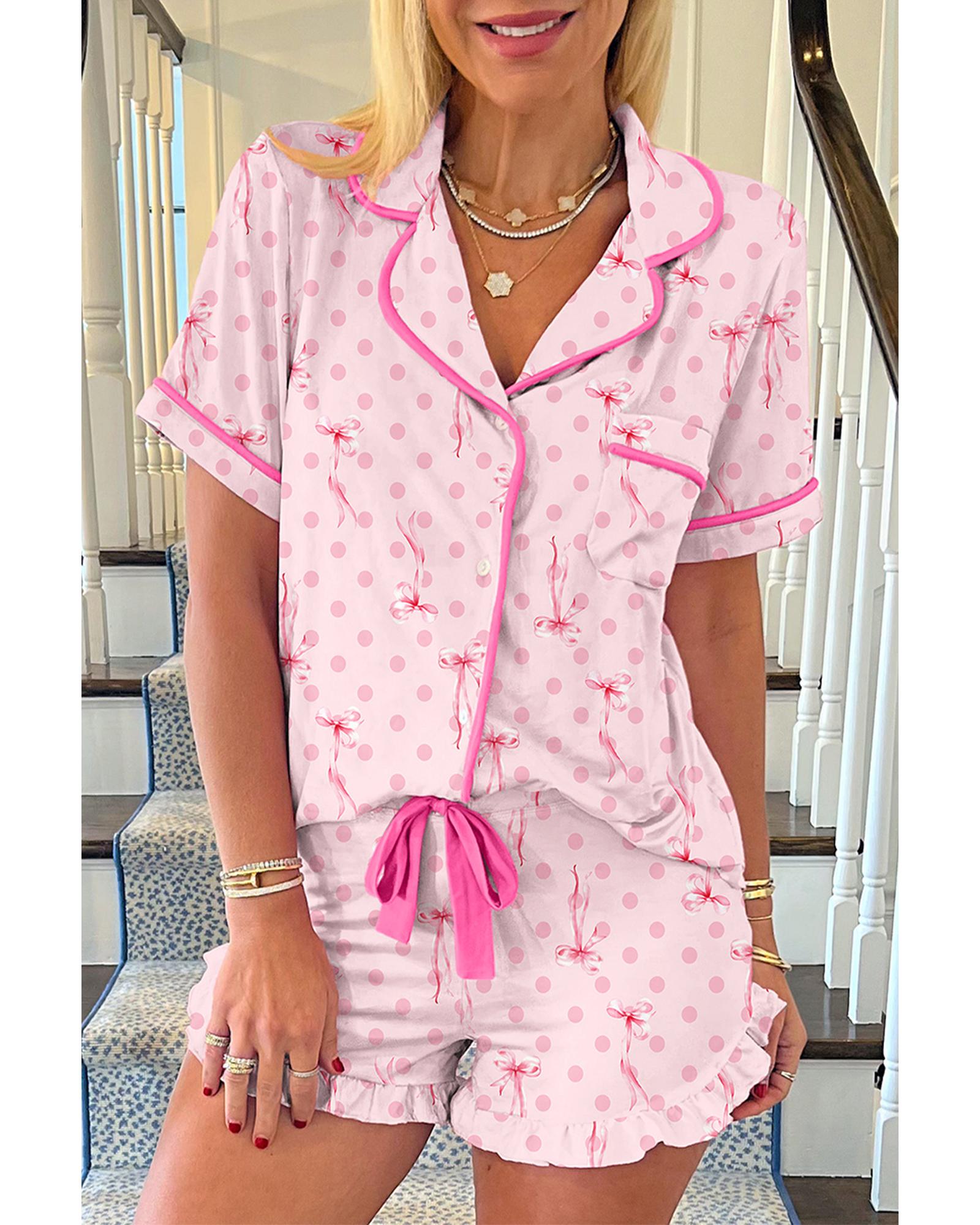 V539-AZEXDC151494-P1020-M-202508270155-00 Pink Bow Print Contrast Pipping Short Pajamas Set - M - Image 1