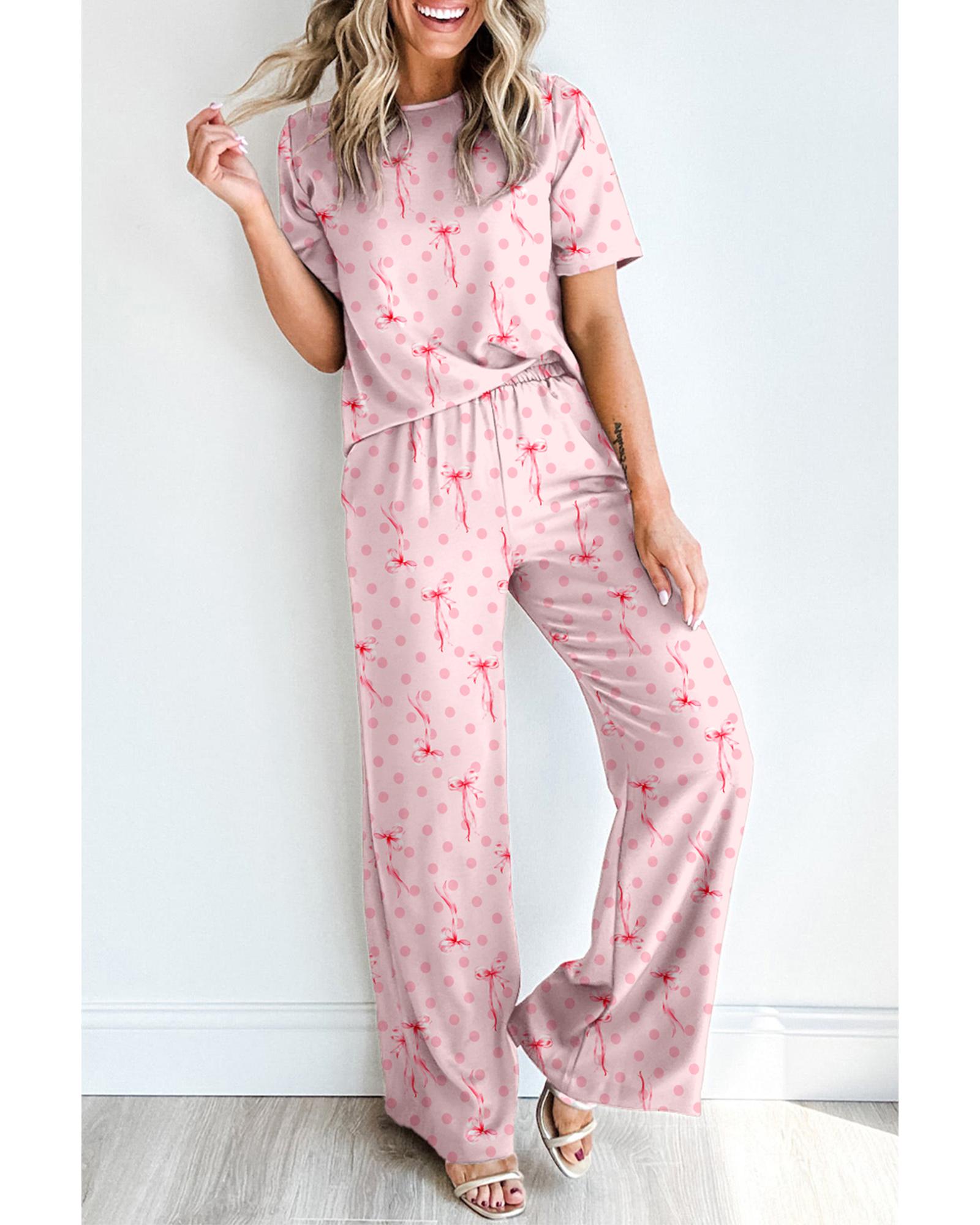 V539-AZEXDC151502-P1020-XL-202508270430-00 Pink Bow Knot Polka Dot Print Short Sleeve Top Lounge Set - XL - Image 1
