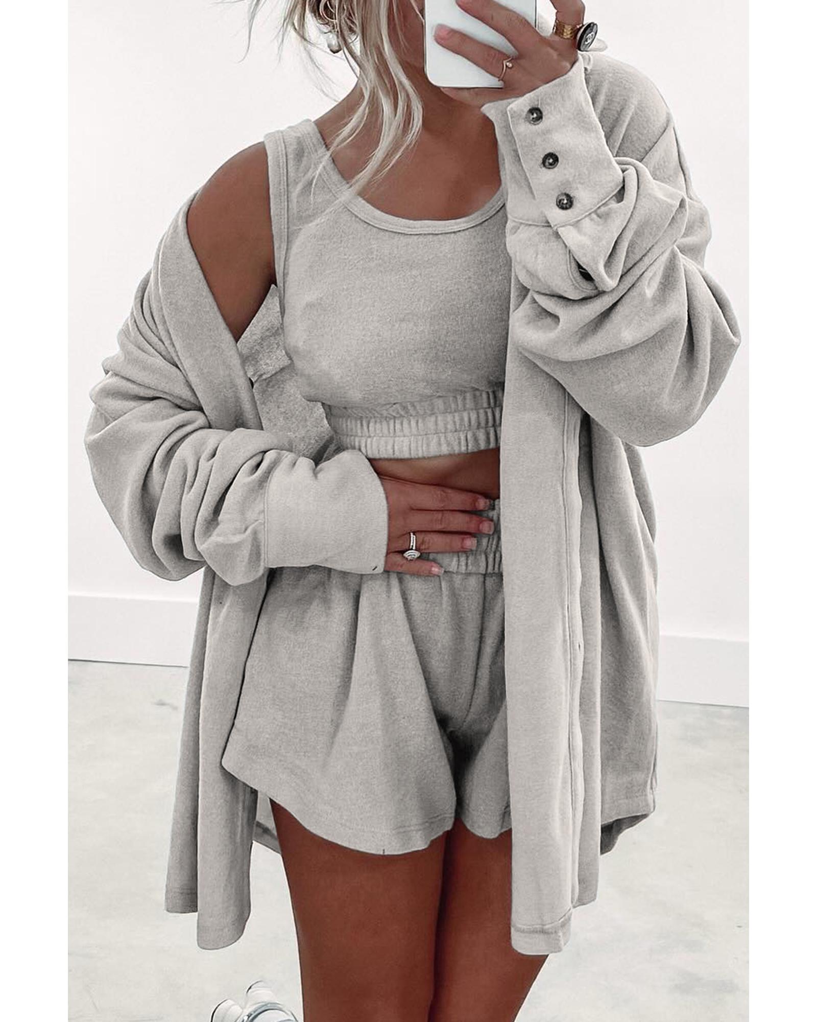 V539-AZEXDC151503-P11-S-202506112341-00 Gray 3 Pcs Crop Tank Top Shorts with Cardigan Lounge Set - S - Image 1