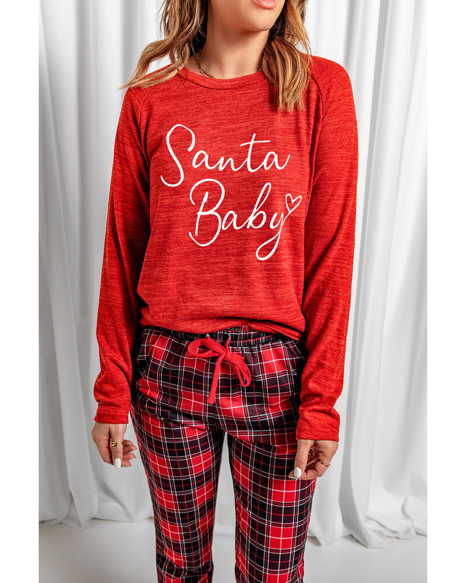 V539-AZEXDC15352-3-L-202508271235-00 Red Santa Baby Plaid Print Two Piece Pajama Set - L - Image 1