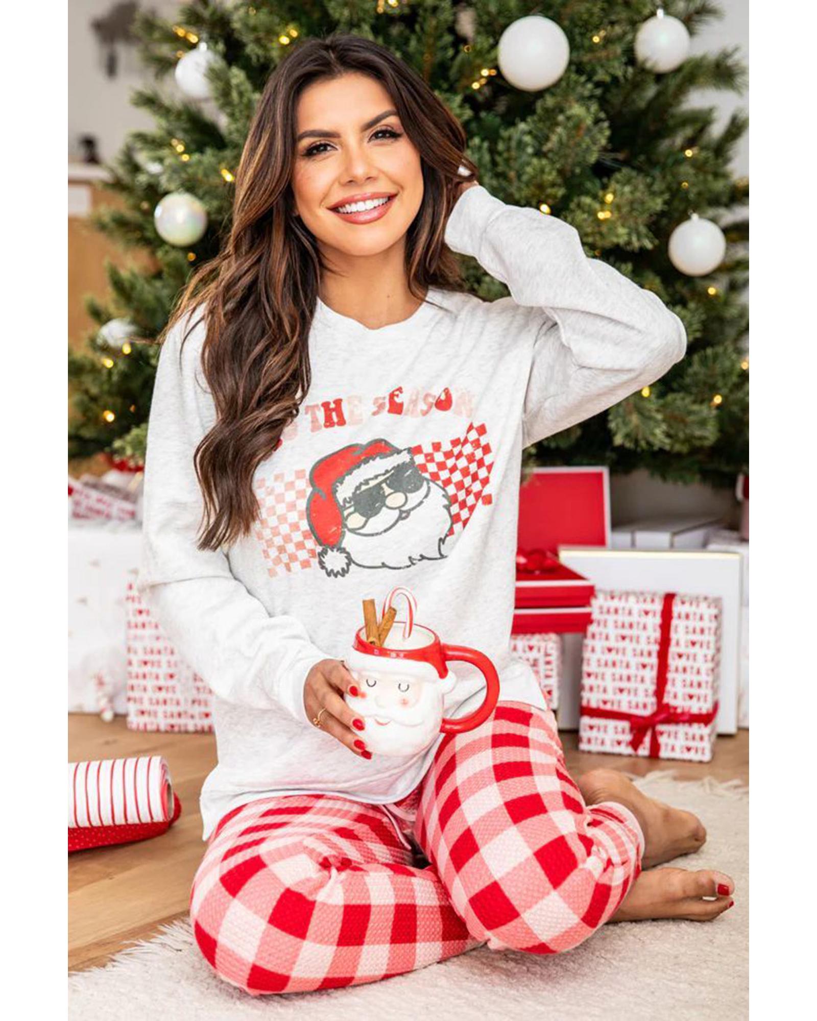 V539-AZEXDC15752-P322-S-202508271315-00 Multicolor Christmas Claus Graphic Top Plaid Pants Lounge Set - S - Image 1