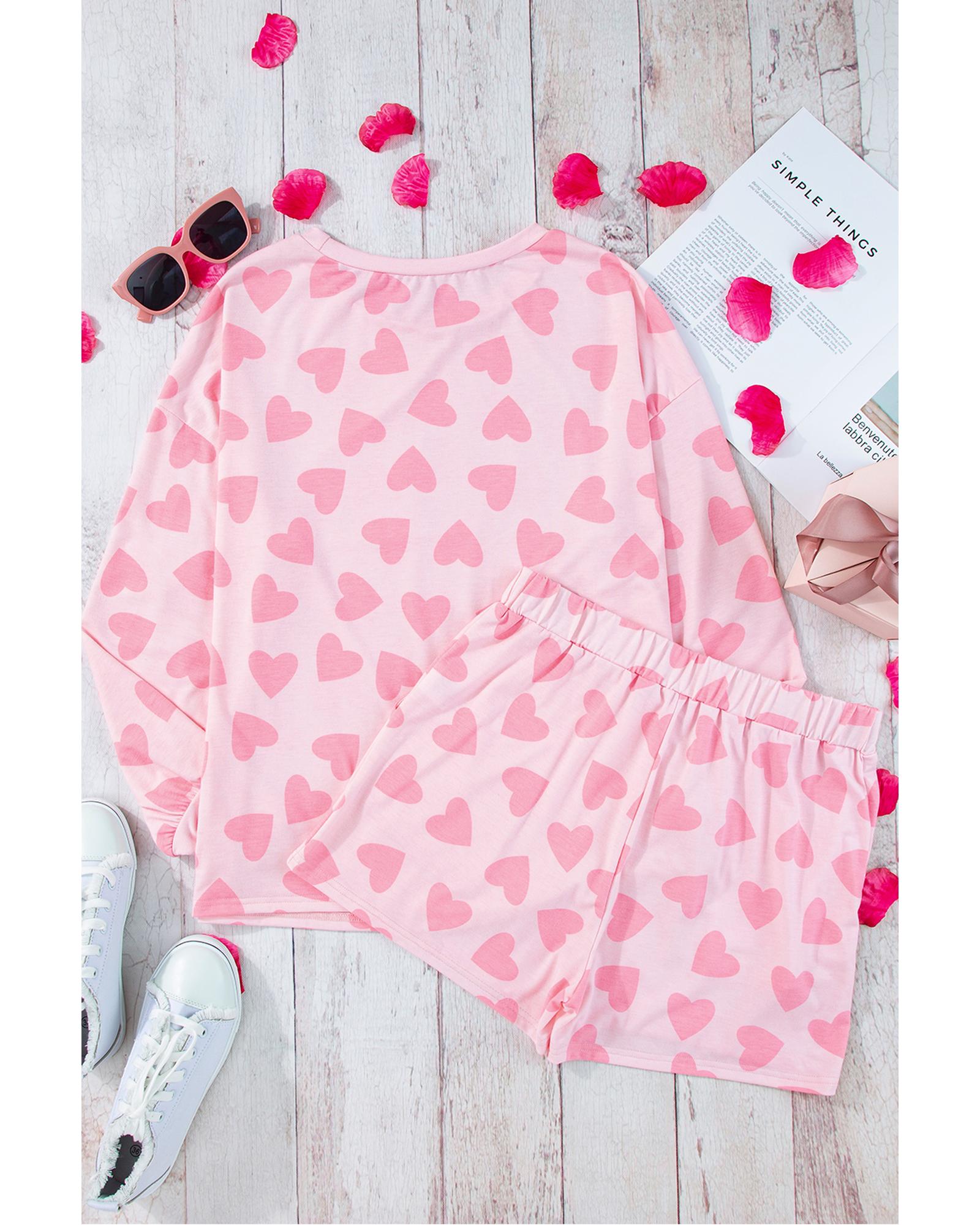 V539-AZEXDC15803-P1020-XL-202508271235-00 Pink Valentine Heart Shape Print Long Sleeve Top Shorts Lounge Set - XL - Image 1