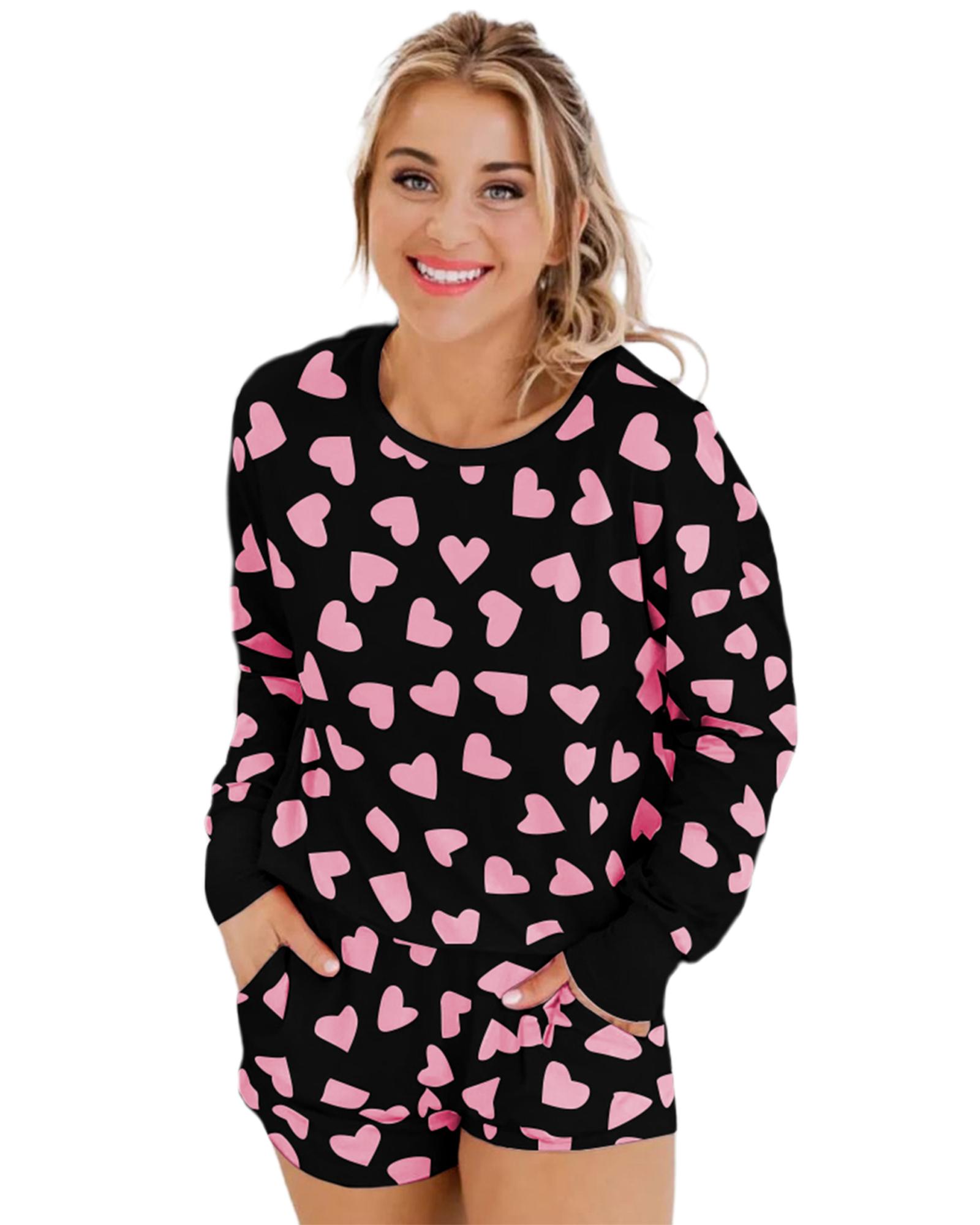 V539-AZEXDC15803-P220-L-202508271415-00 Black Valentine Heart Shape Print Long Sleeve Top Shorts Lounge Set - L - Image 1