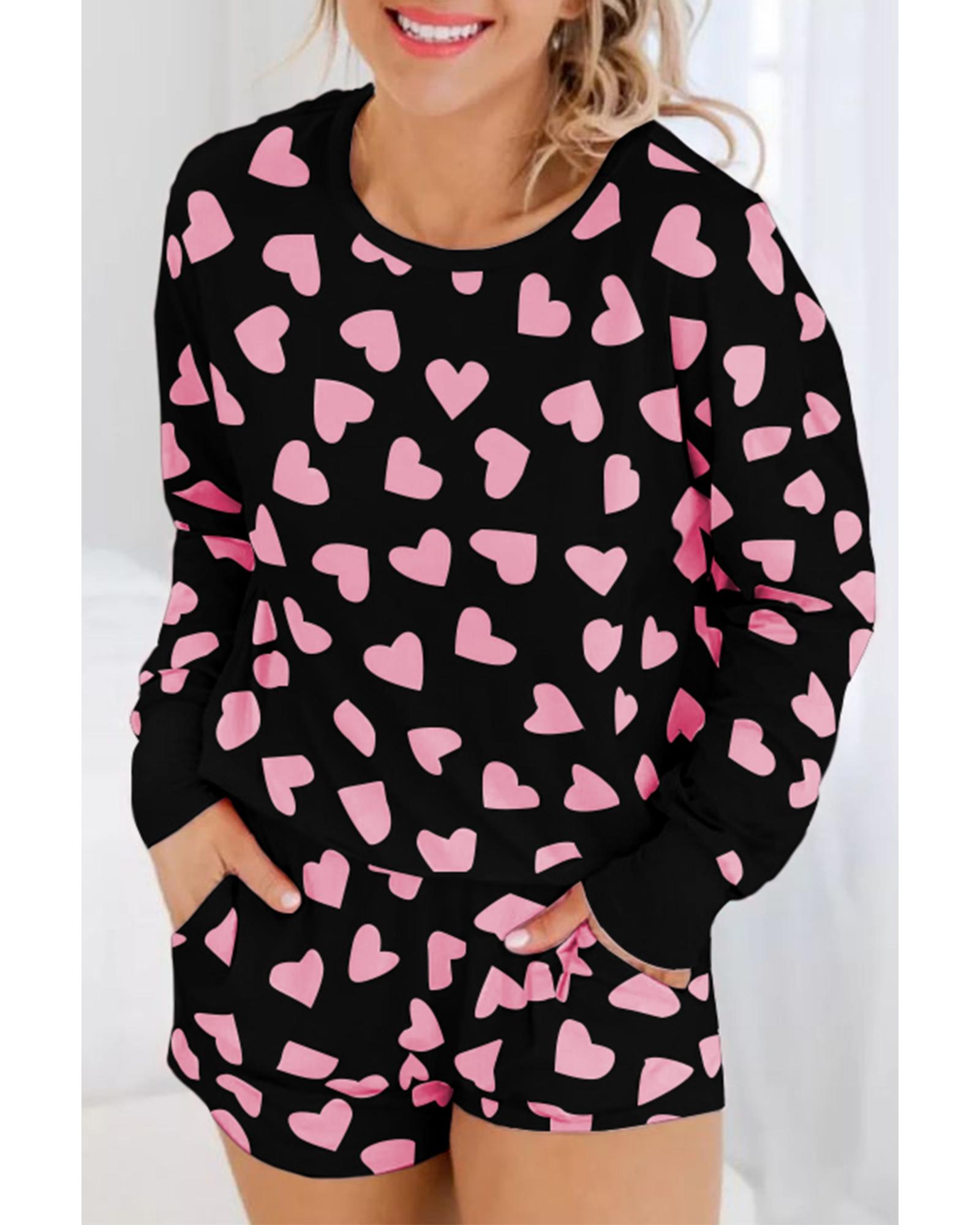 V539-AZEXDC15803-P220-S-202506111953-00 Black Valentine Heart Shape Print Long Sleeve Top Shorts Lounge Set - S - Image 1
