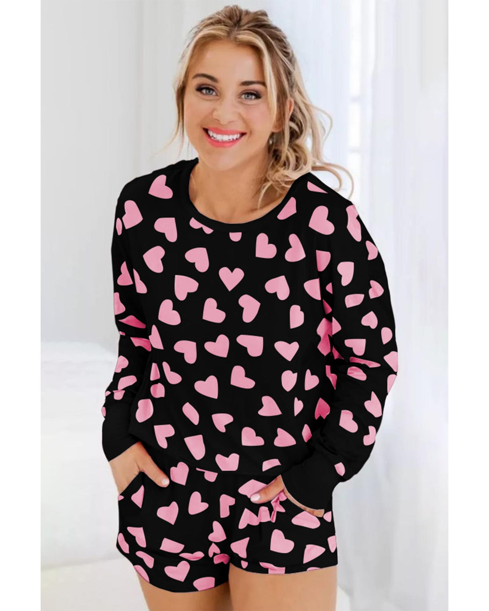 V539-AZEXDC15803-P220-XL-202508271810-00 Black Valentine Heart Shape Print Long Sleeve Top Shorts Lounge Set - XL - Image 1