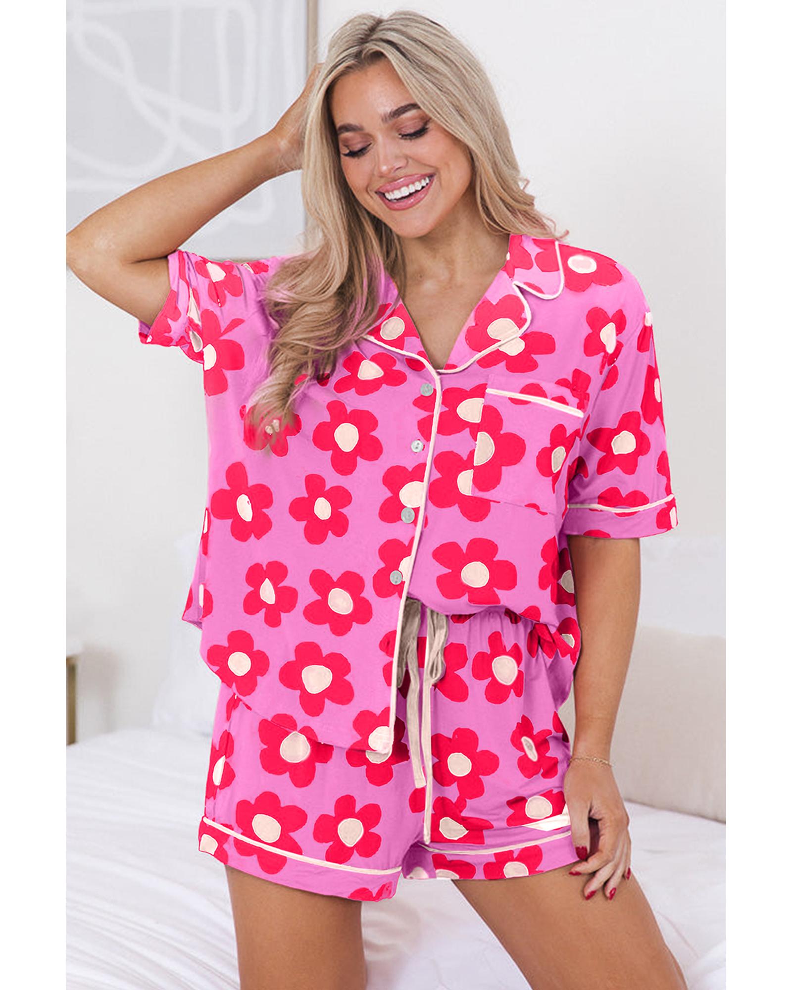 V539-AZEXDC15860-P101020-M-202508271150-00 Pink Flower Print Short Sleeve Shirt Pajamas Set - M - Image 1