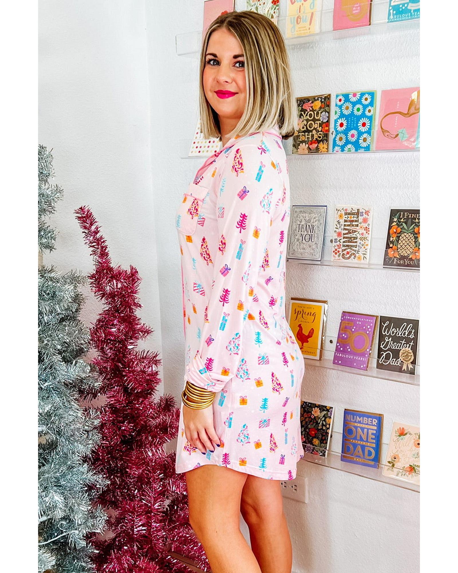 V539-AZEXDC16046-P1020-L-202508271930-00 Pink Christmas Twinkle Tree Print Shirt Sleep Dress - L - Image 1