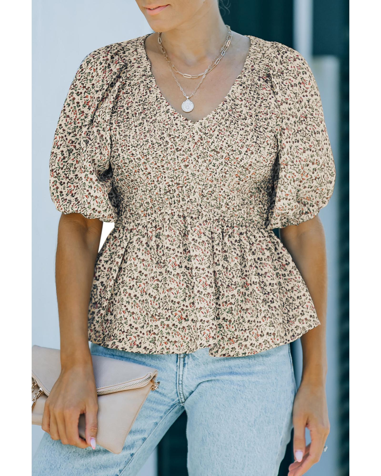 V539-AZEXDC25112710-9-S-202508311825-00 Azura Exchange Puff Sleeve Smocked Top with Floral Print - S - Image 1