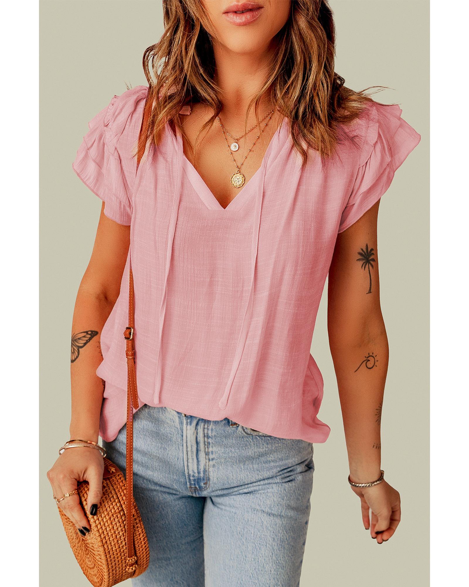 V539-AZEXDC25112789-10-S-202508290300-00 Azura Exchange Tiered Ruffled Drawstring V Neck Top - S - Image 1