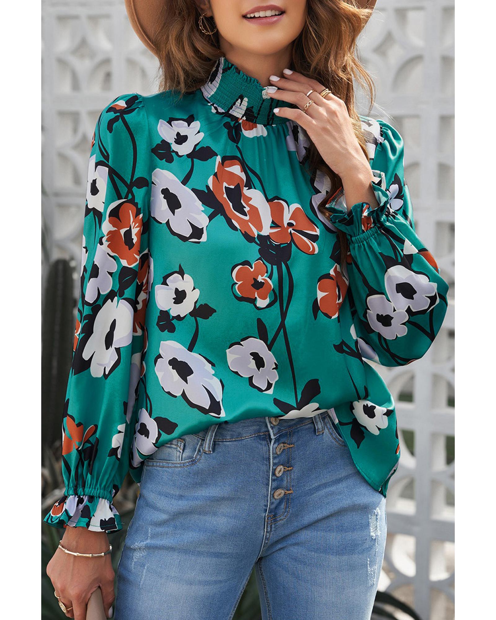V539-AZEXDC25112797-9-XL-202508260810-00 Azura Exchange Printed Smocked Mock Neck Blouse - XL - Image 1