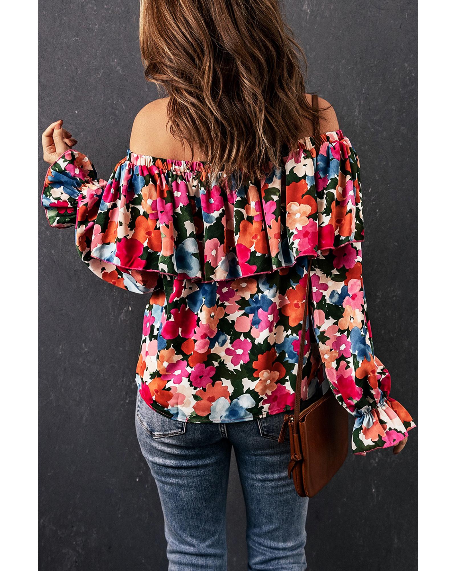 V539-AZEXDC25115744-22-M-202508260440-00 Azura Exchange Floral Print Off Shoulder Blouse - M - Image 1