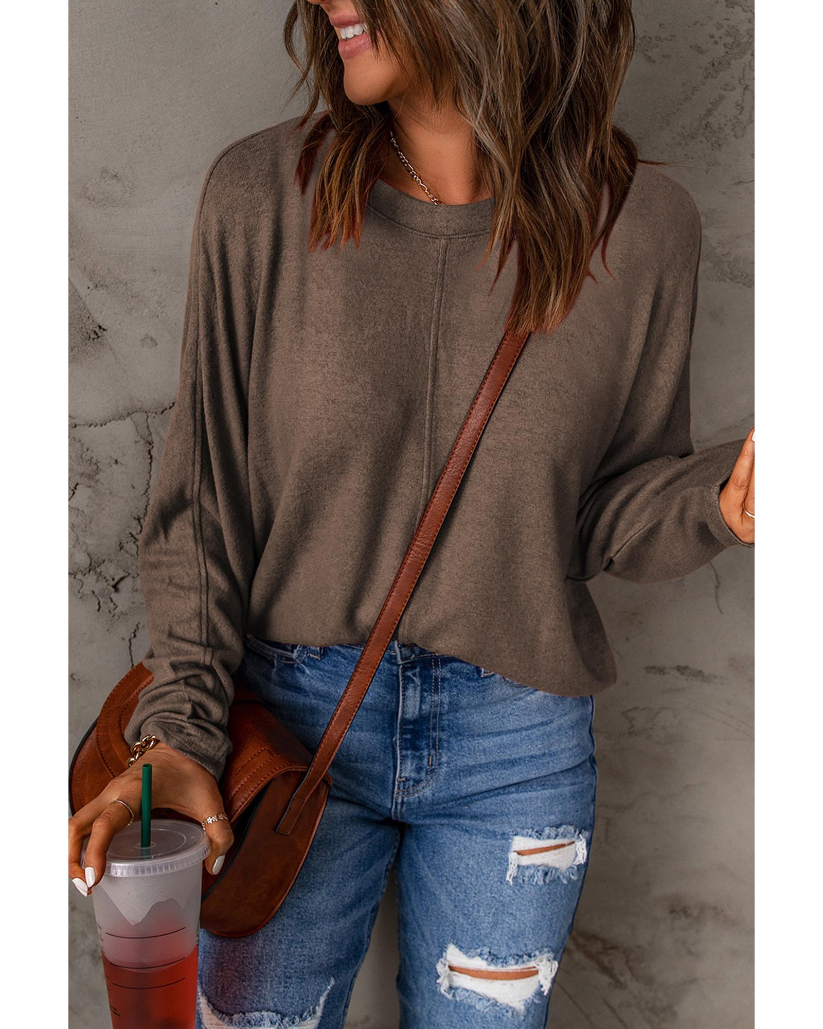 V539-AZEXDC25116809-17-S-202506112140-00 Brown Fiery Solid Color Patchwork Long Sleeve Top - S - Image 1