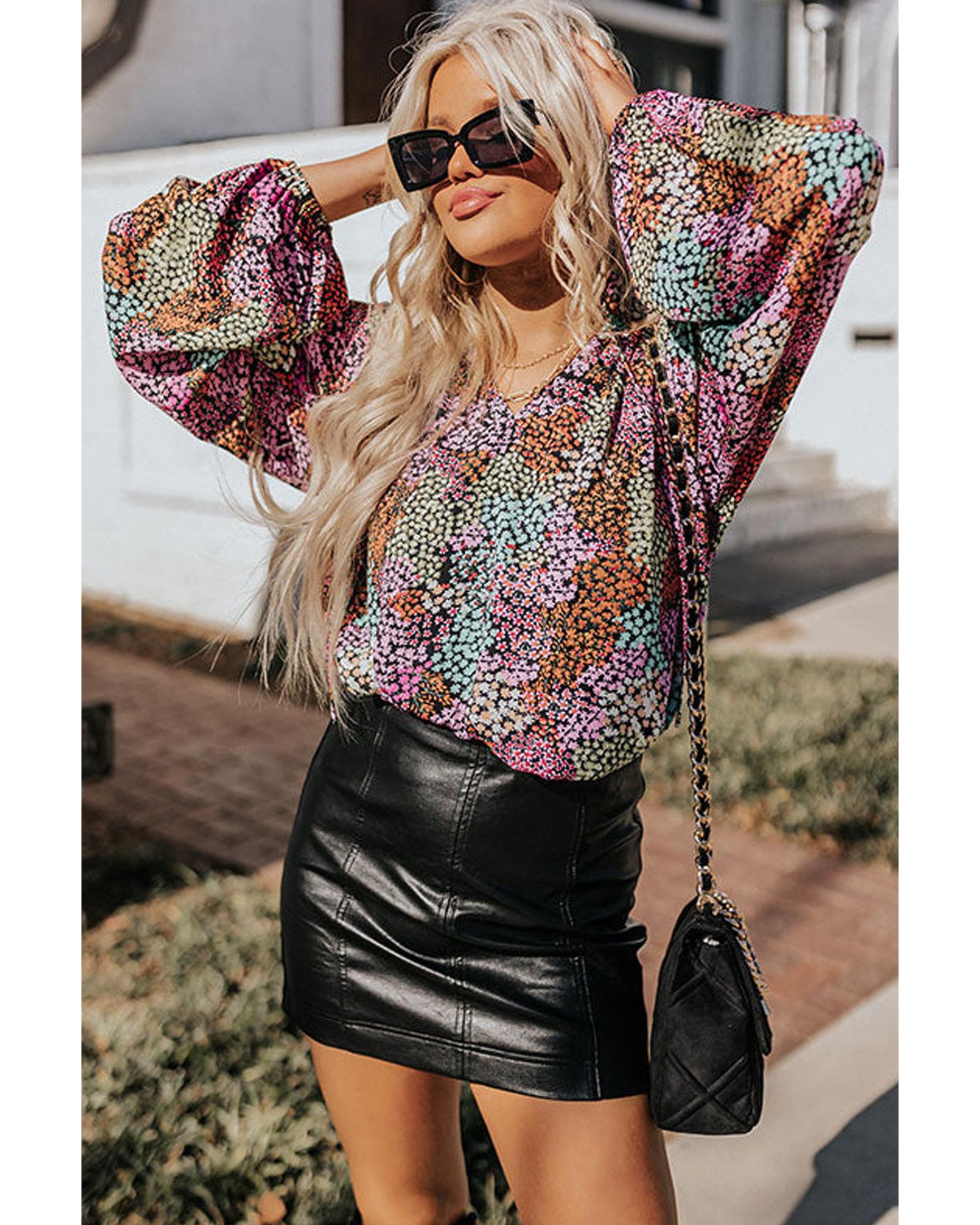 V539-AZEXDC25116906-22-L-202508290900-00 Azura Exchange Vibrant Floral Tie V Neck Puff Sleeve Blouse - L - Image 1