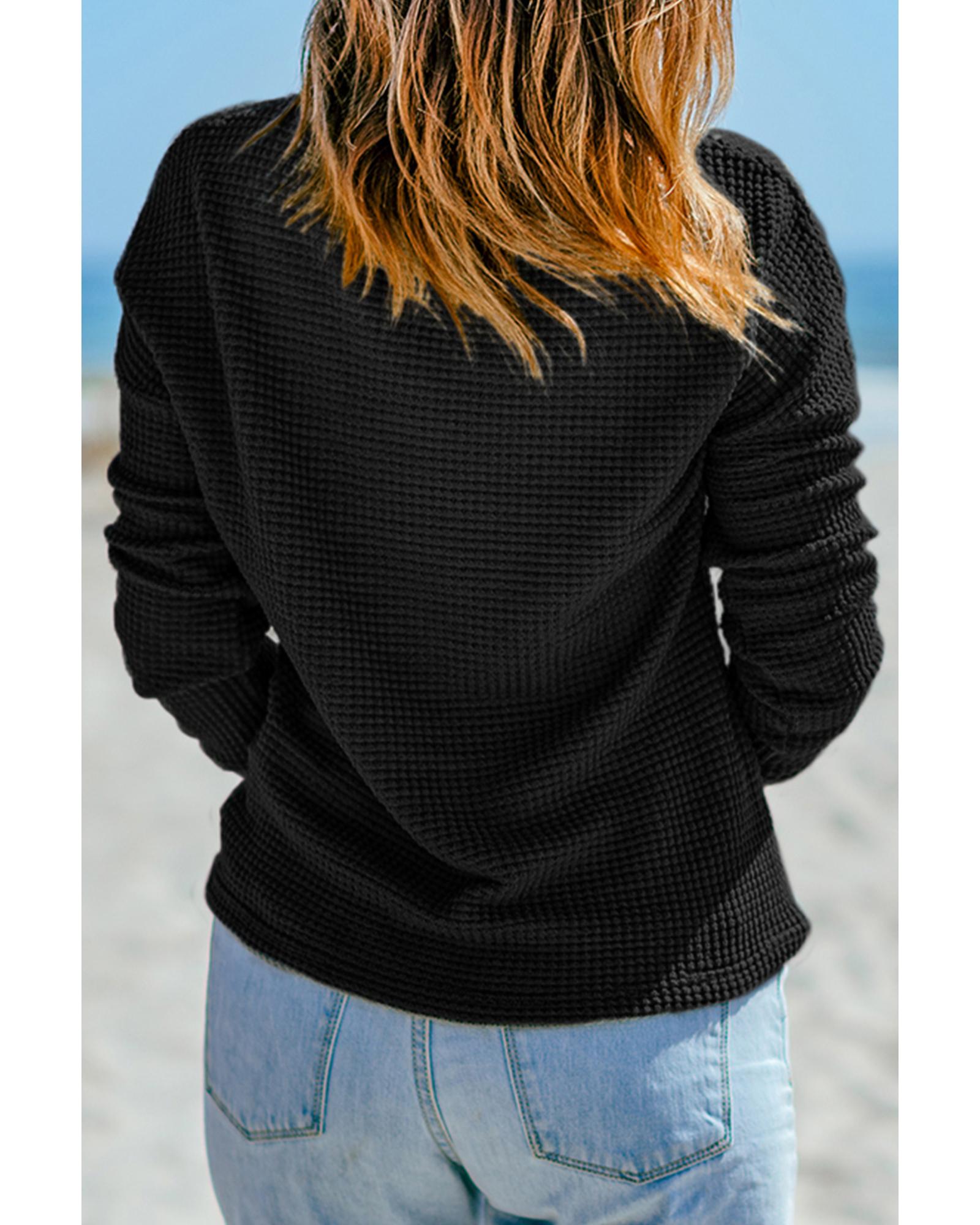V539-AZEXDC25117020-P2-M-202508272230-00 Black Waffle Knit Drop Shoulder Long Sleeve Top - M - Image 1