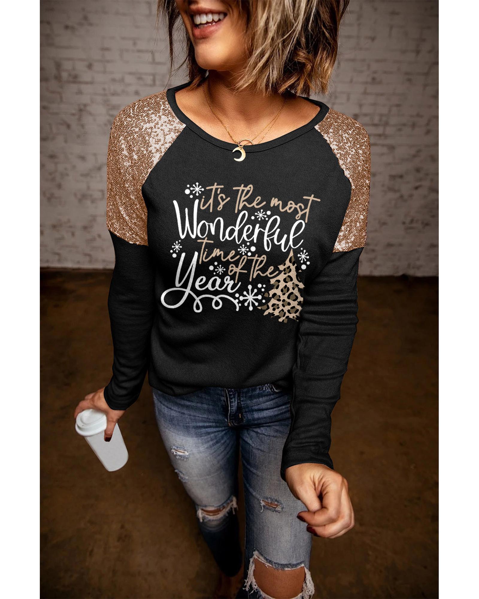 V539-AZEXDC25118175-2-S-202508260205-00 Azura Exchange Christmas Season Graphic Sequin Shoulder Top - S - Image 1
