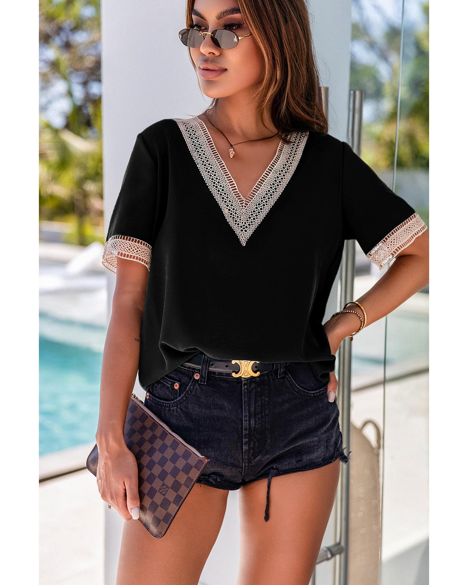 V539-AZEXDC25118904-2-M-202508260245-00 Azura Exchange V-Neck Short Sleeve Blouse with Lace Trim - M - Image 1