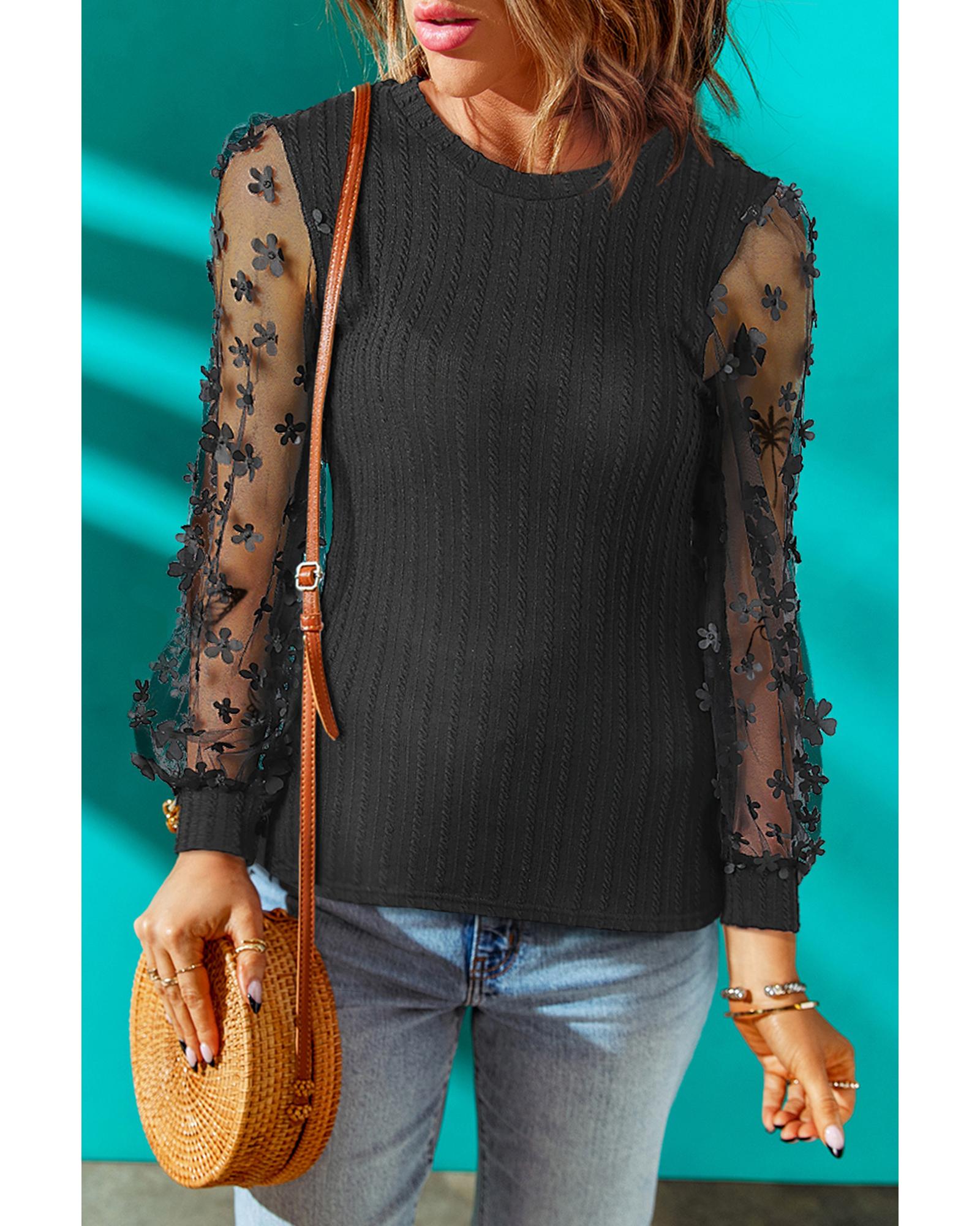 V539-AZEXDC25119092-2-M-202508290625-00 Azura Exchange Textured Knit Blouse with Floral Applique Mesh Sleeves - M - Image 1