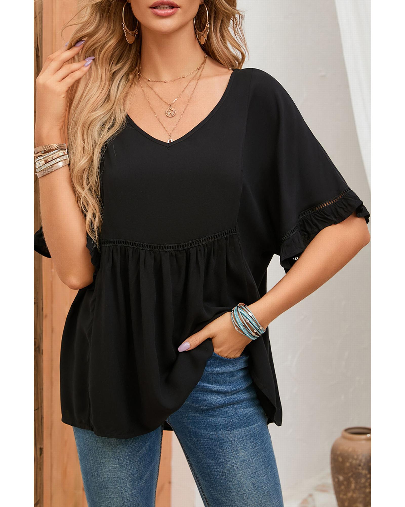 V539-AZEXDC25119248-2-XL-202508270245-00 Azura Exchange Black Ruffled Lace Detail Loose V Neck Top - XL - Image 1