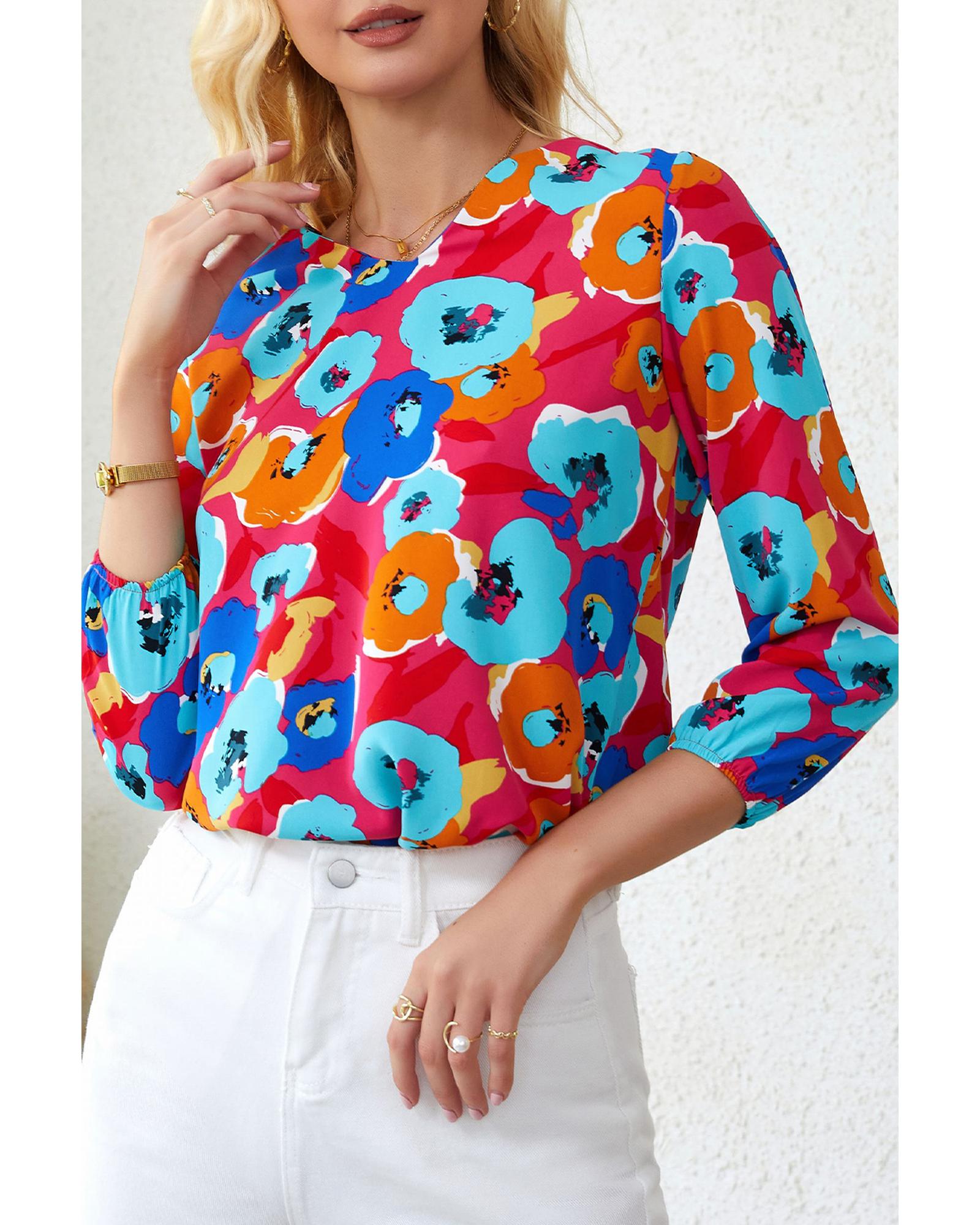 V539-AZEXDC25119409-6-L-202508260145-00 Azura Exchange V Neck 3/4 Sleeve Floral Print Blouse - L - Image 1
