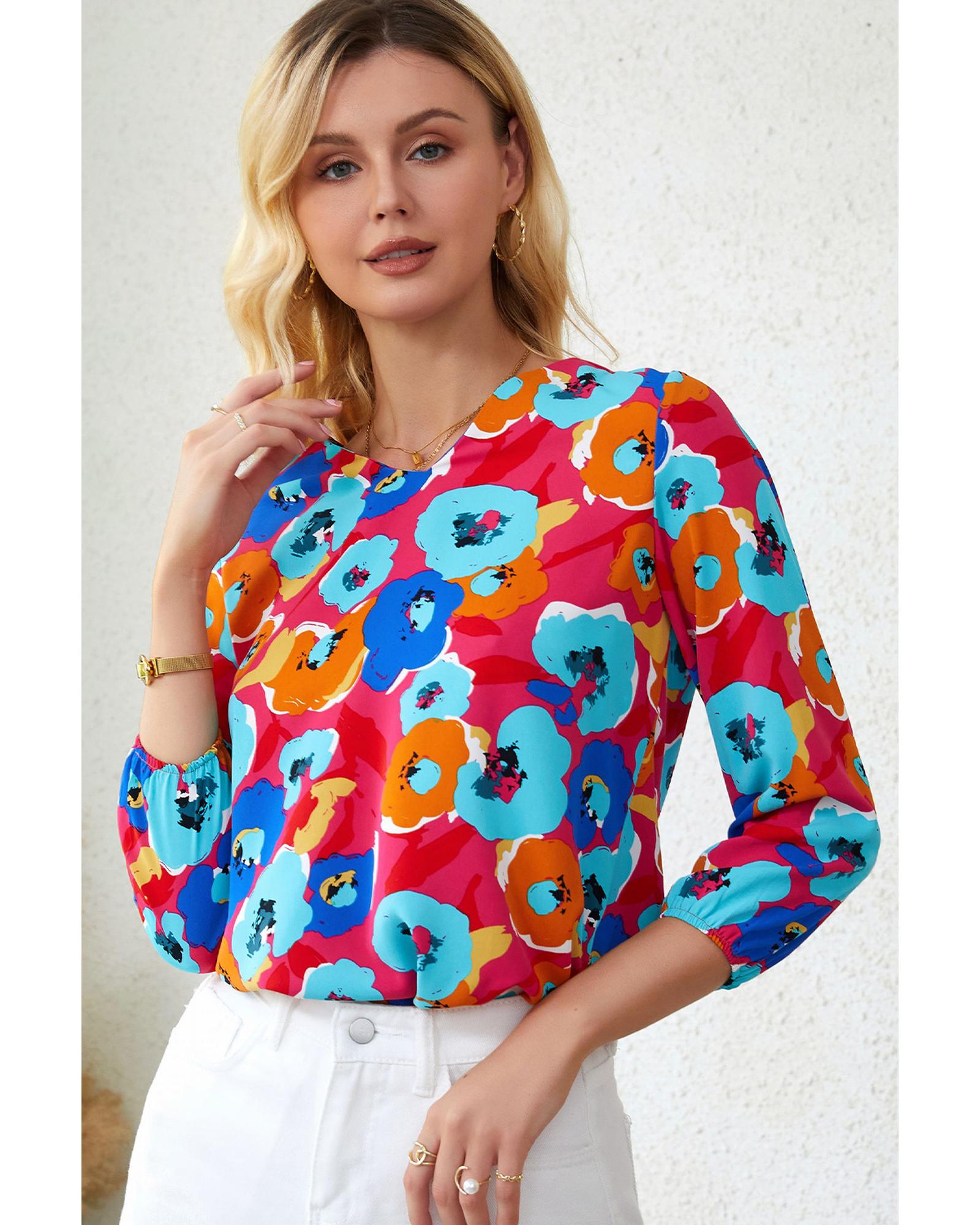 V539-AZEXDC25119409-6-S-161676-00 Azura Exchange V Neck 3/4 Sleeve Floral Print Blouse - S - Image 1