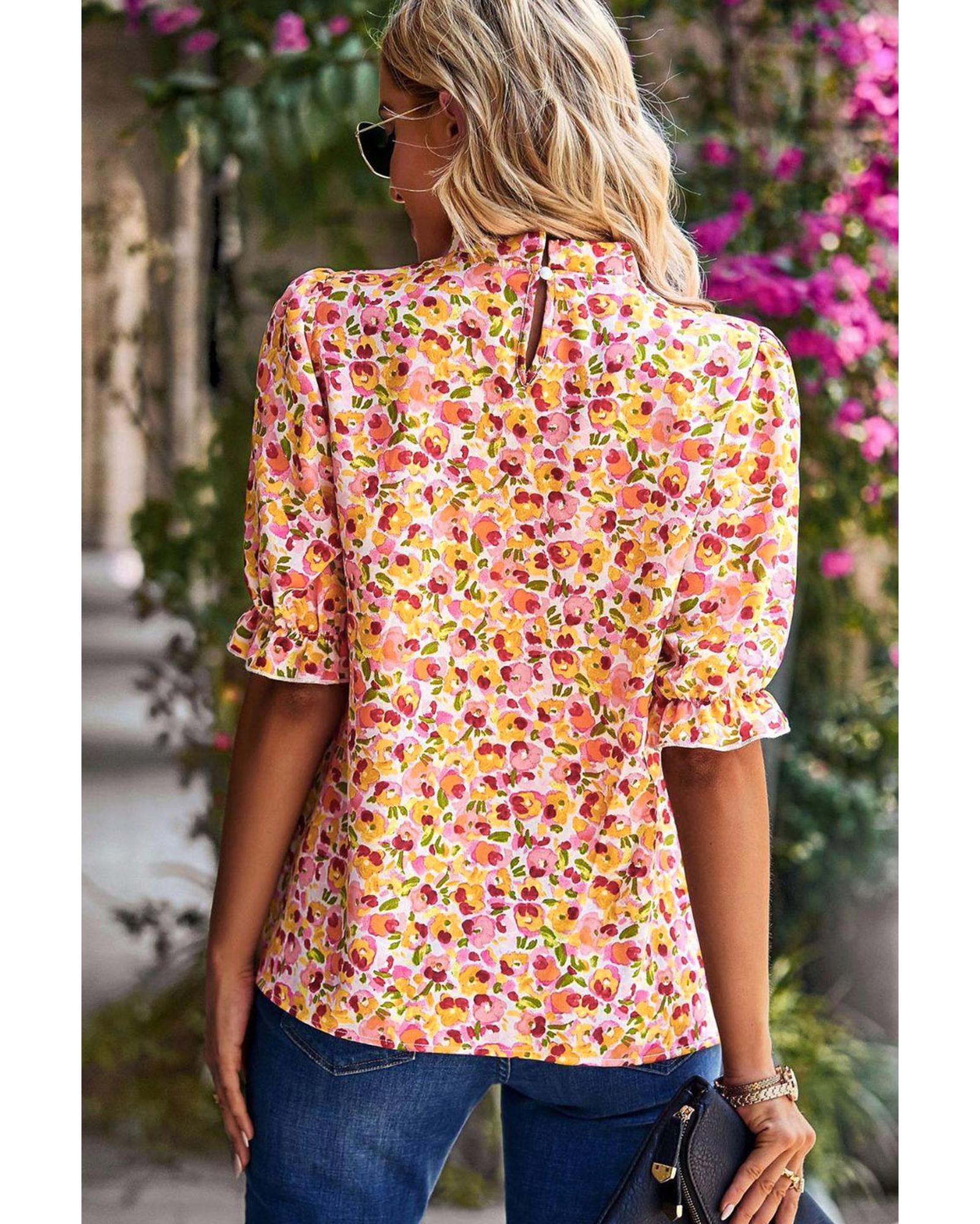 V539-AZEXDC25119993-14-M-202508260245-00 Azura Exchange Floral Ruffle Mock Neck Blouse - M - Image 1