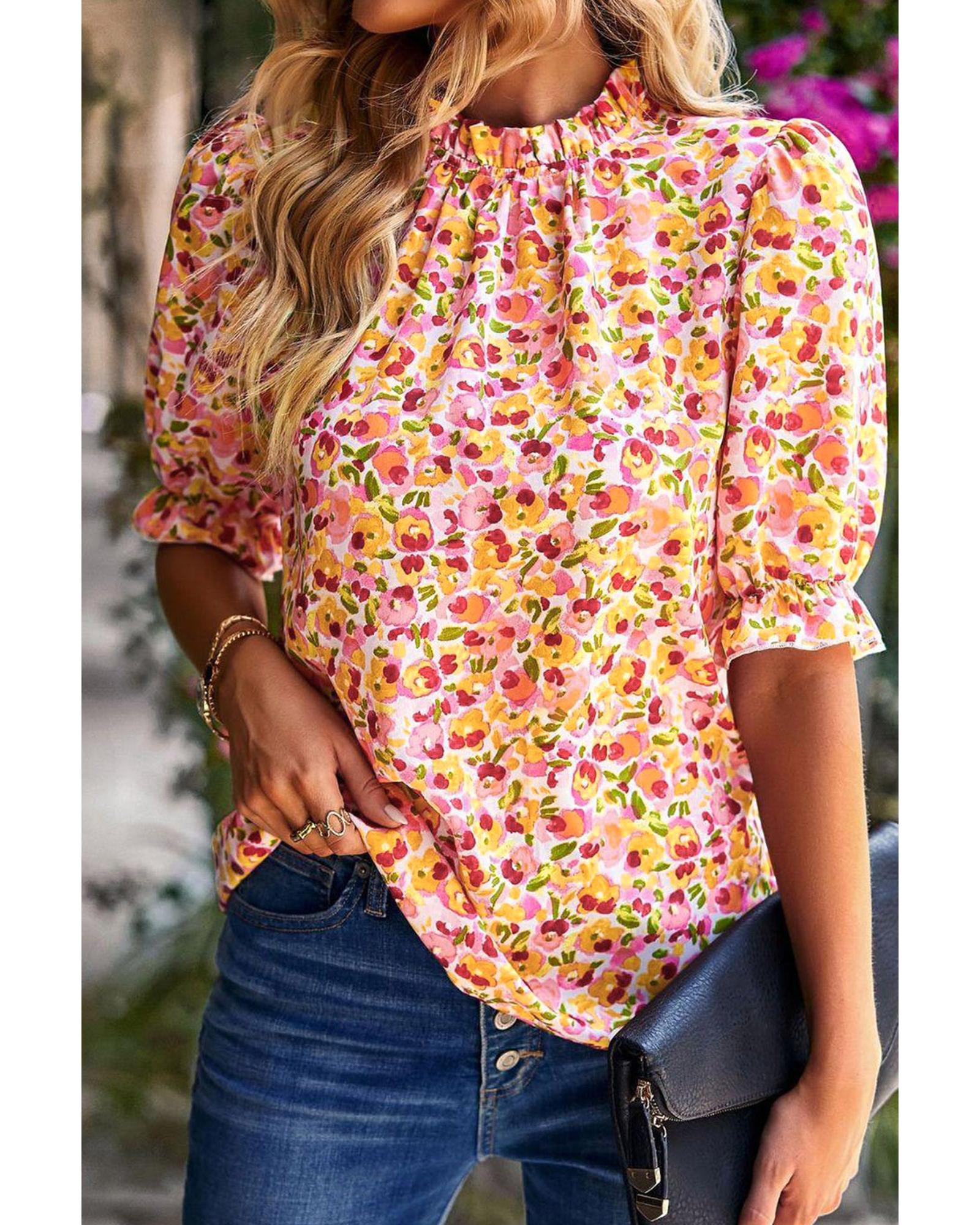 V539-AZEXDC25119993-14-S-161677-00 Azura Exchange Floral Ruffle Mock Neck Blouse - S - Image 1