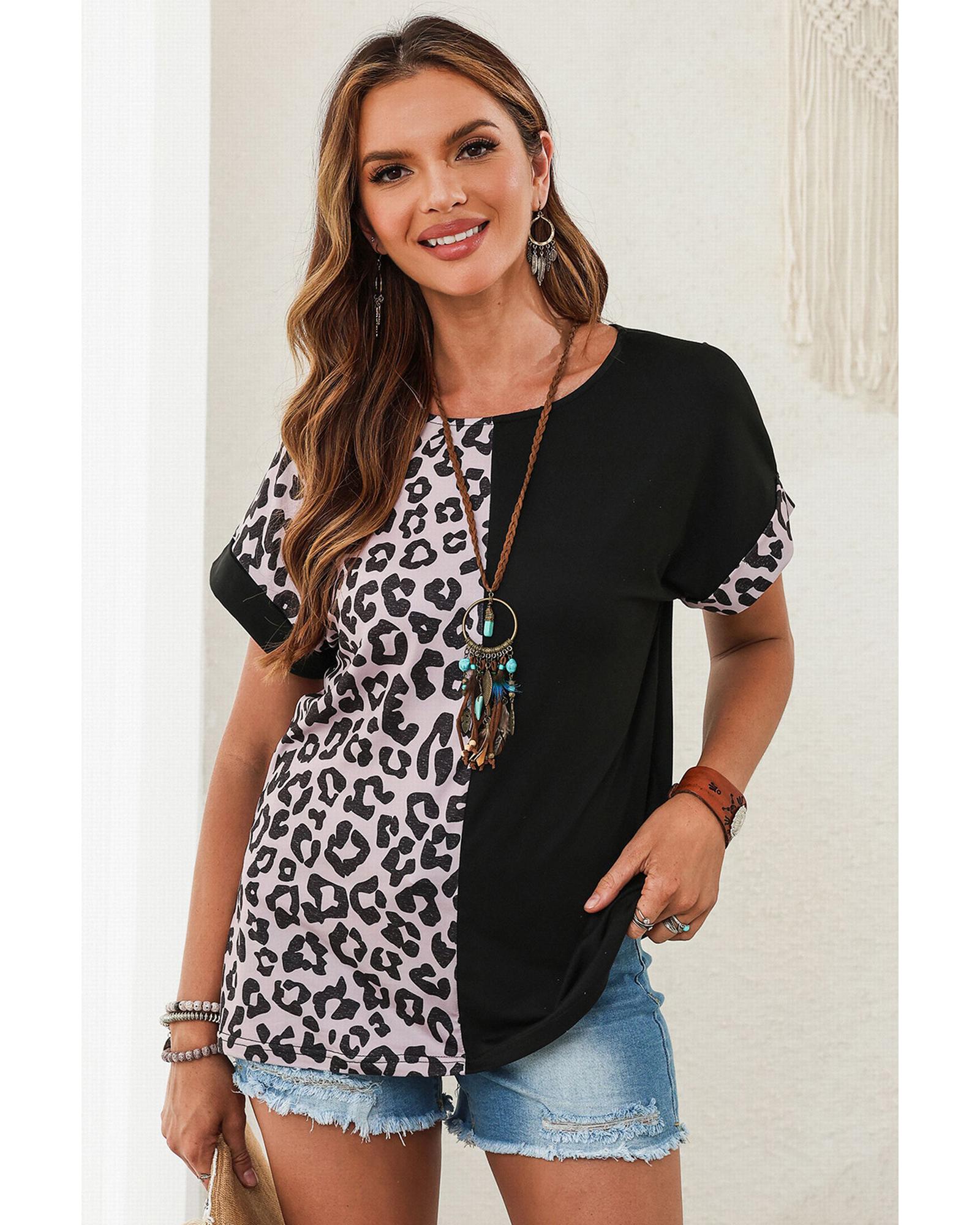 V539-AZEXDC25120368-2-M-202508260955-00 Azura Exchange Leopard Patchwork Short Sleeves Top - M - Image 1