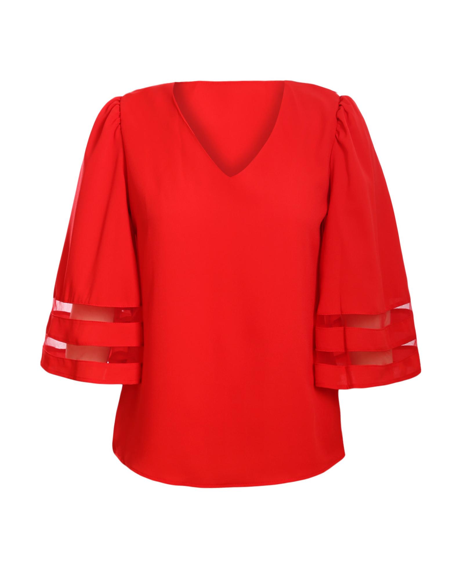 V539-AZEXDC251204-3M-202508271310-00 Red Flare Sleeve V Neck Loose Blouse - M - Image 1