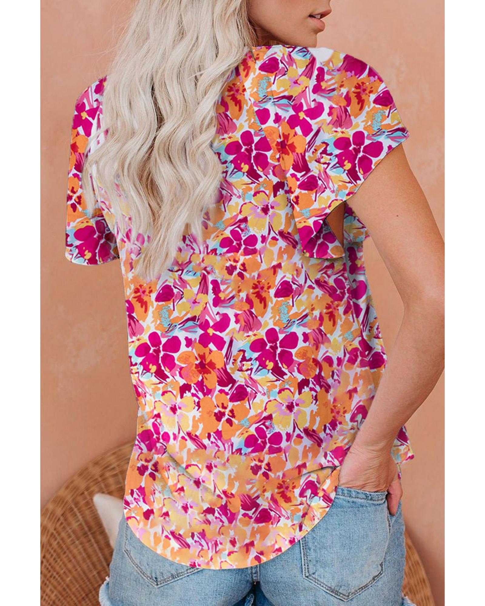 V539-AZEXDC25120411-3-M-202508260105-00 Azura Exchange Floral Print Top with Flutter Sleeves - M - Image 1