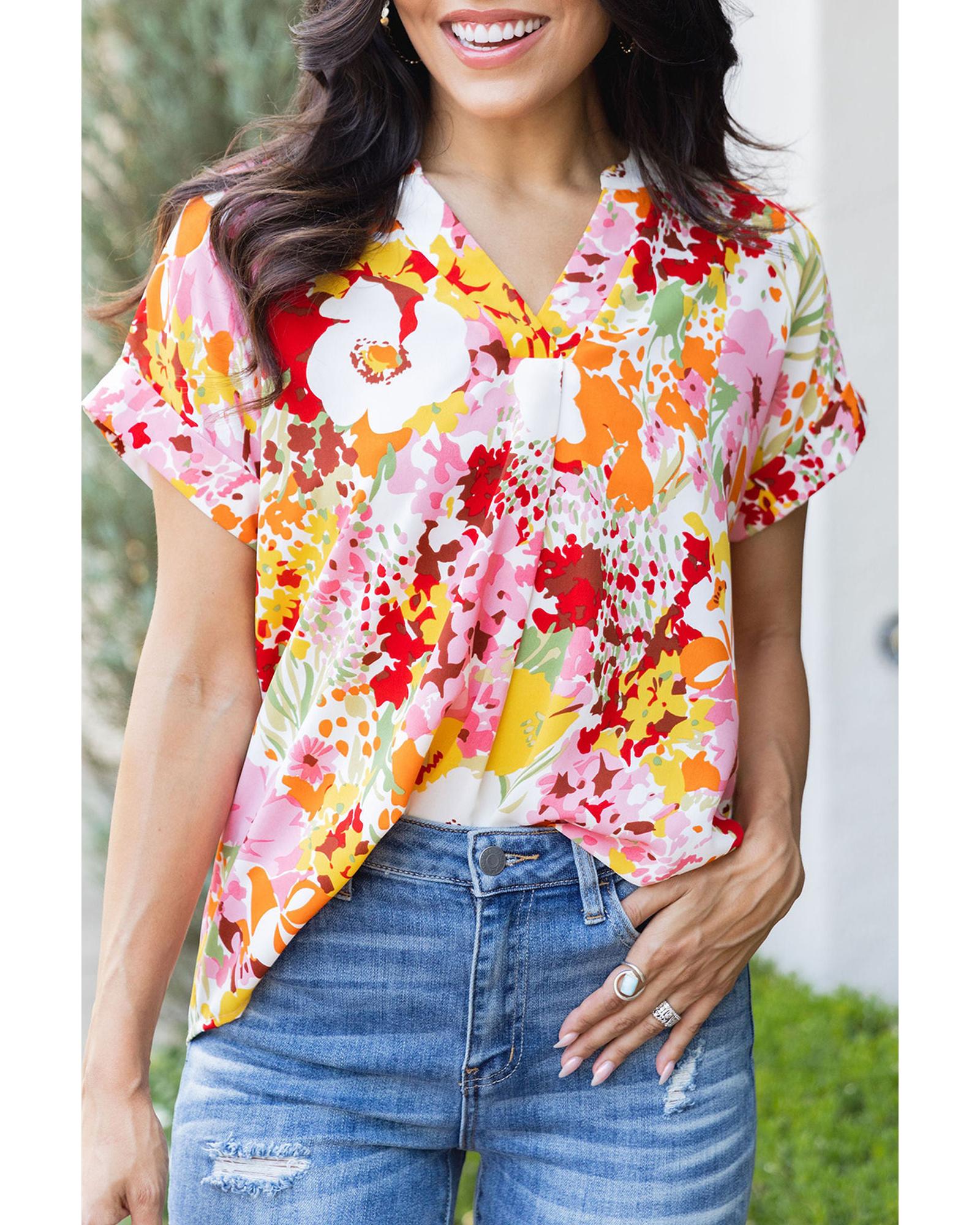 V539-AZEXDC25120445-1-S-163542-00 Azura Exchange Floral Print V Neck Short Sleeves Top - S - Image 1
