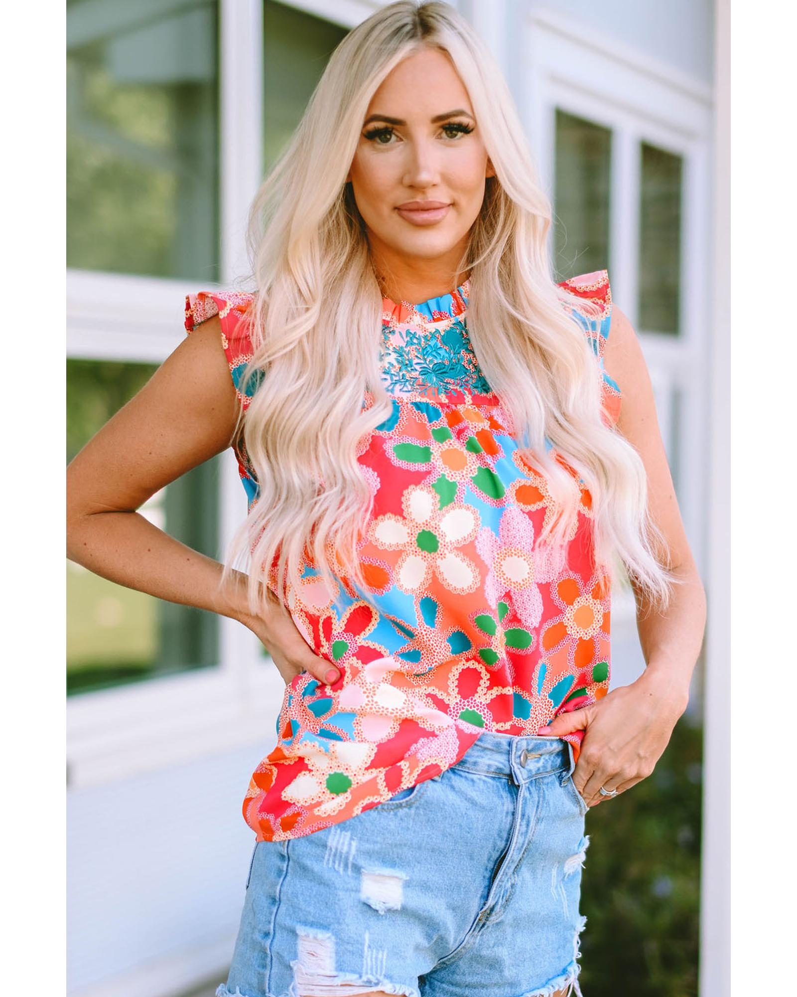 V539-AZEXDC25120739-10-S-202508272100-00 Pink Embroidered Detail Floral Print Ruffle Trim Tank Top - S - Image 1
