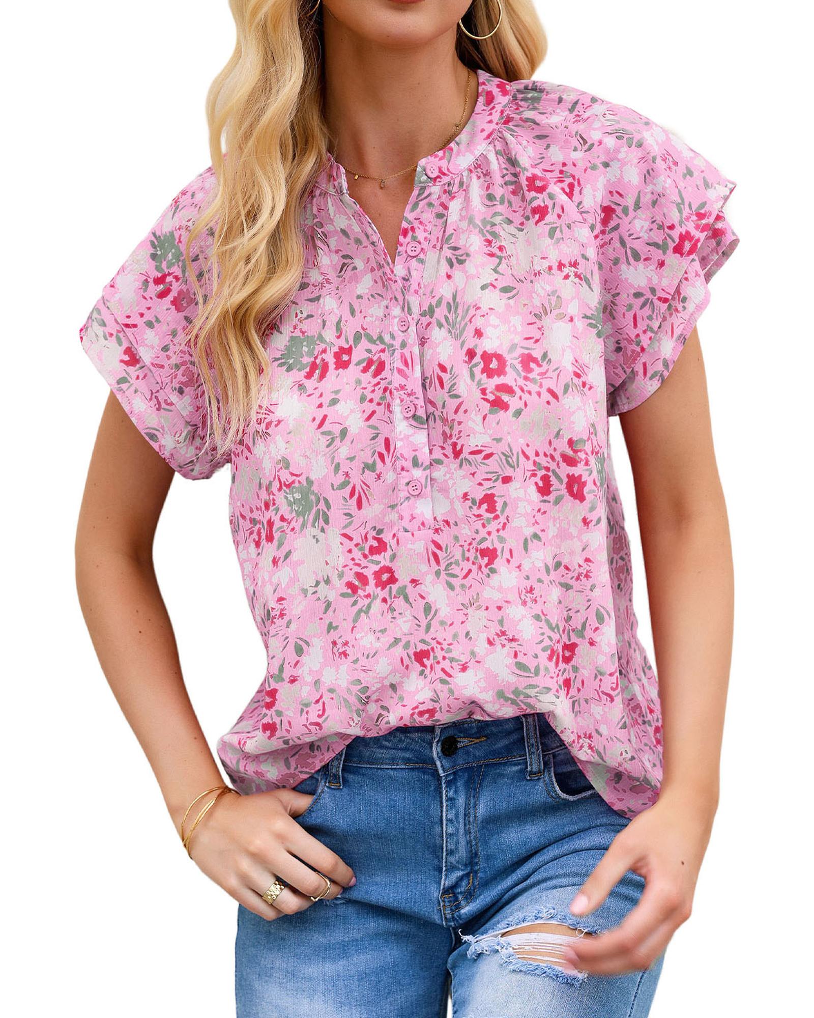 V539-AZEXDC25120776-10-L-202508261435-00 Azura Exchange Mandarin Collar Floral Top - L - Image 1