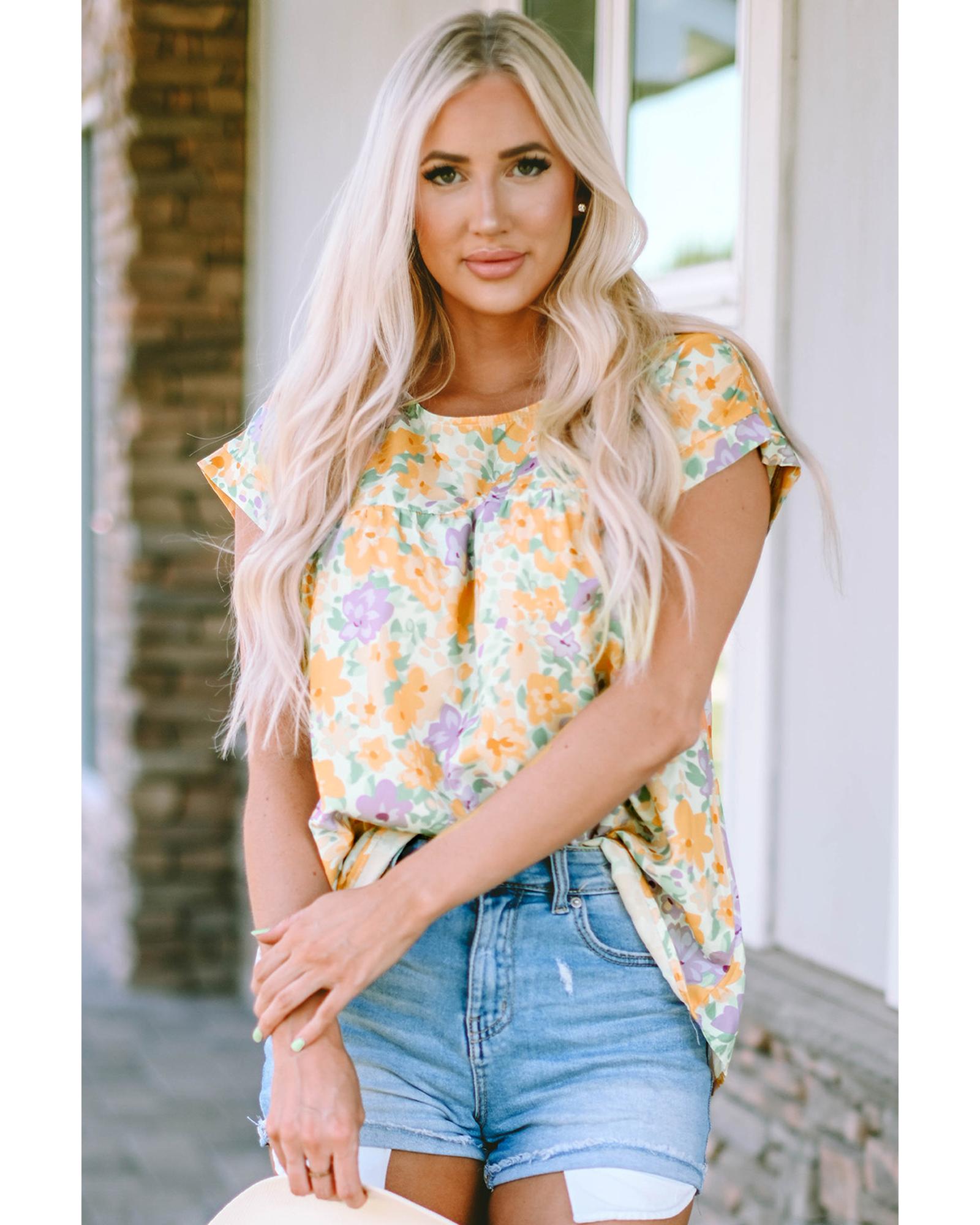 V539-AZEXDC25121101-7-L-202508261845-00 Azura Exchange Print Keyhole Back Short Sleeve Babydoll Blouse - L - Image 1