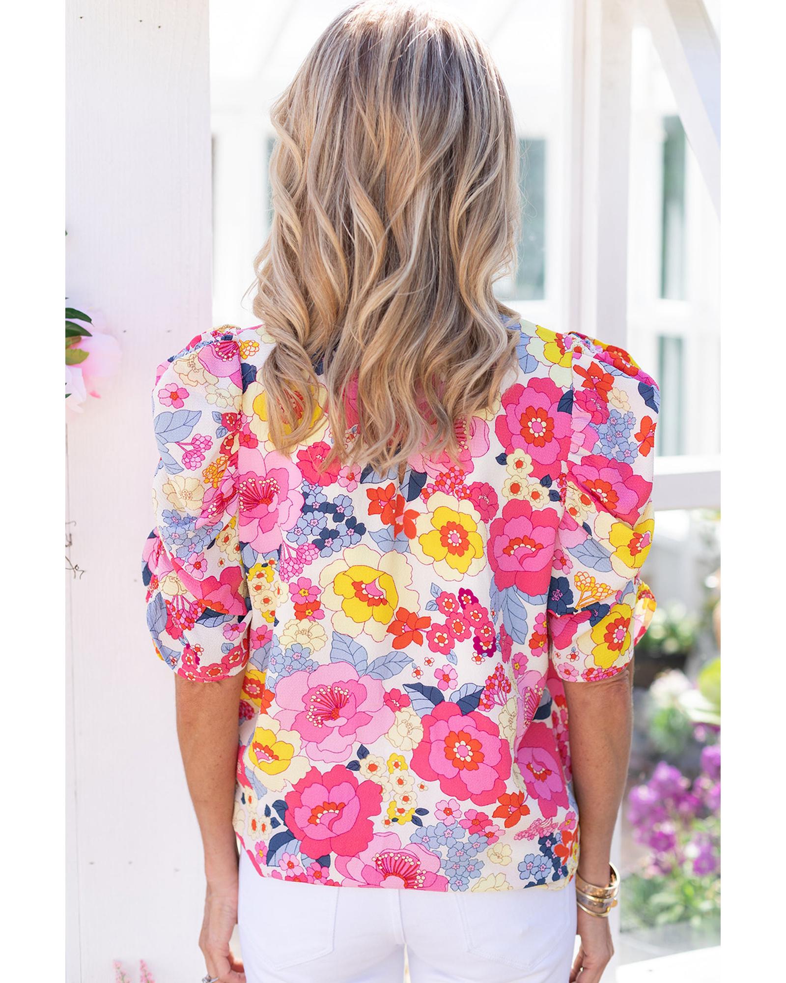 V539-AZEXDC25121131-3-M-202508261315-00 Azura Exchange Floral Ruched Puff Sleeve Blouse - M - Image 1